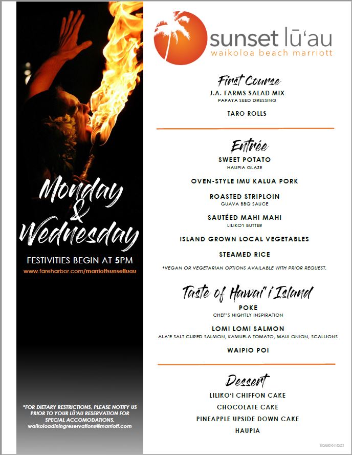 Waikoloa Beach Sunset Luau Menu