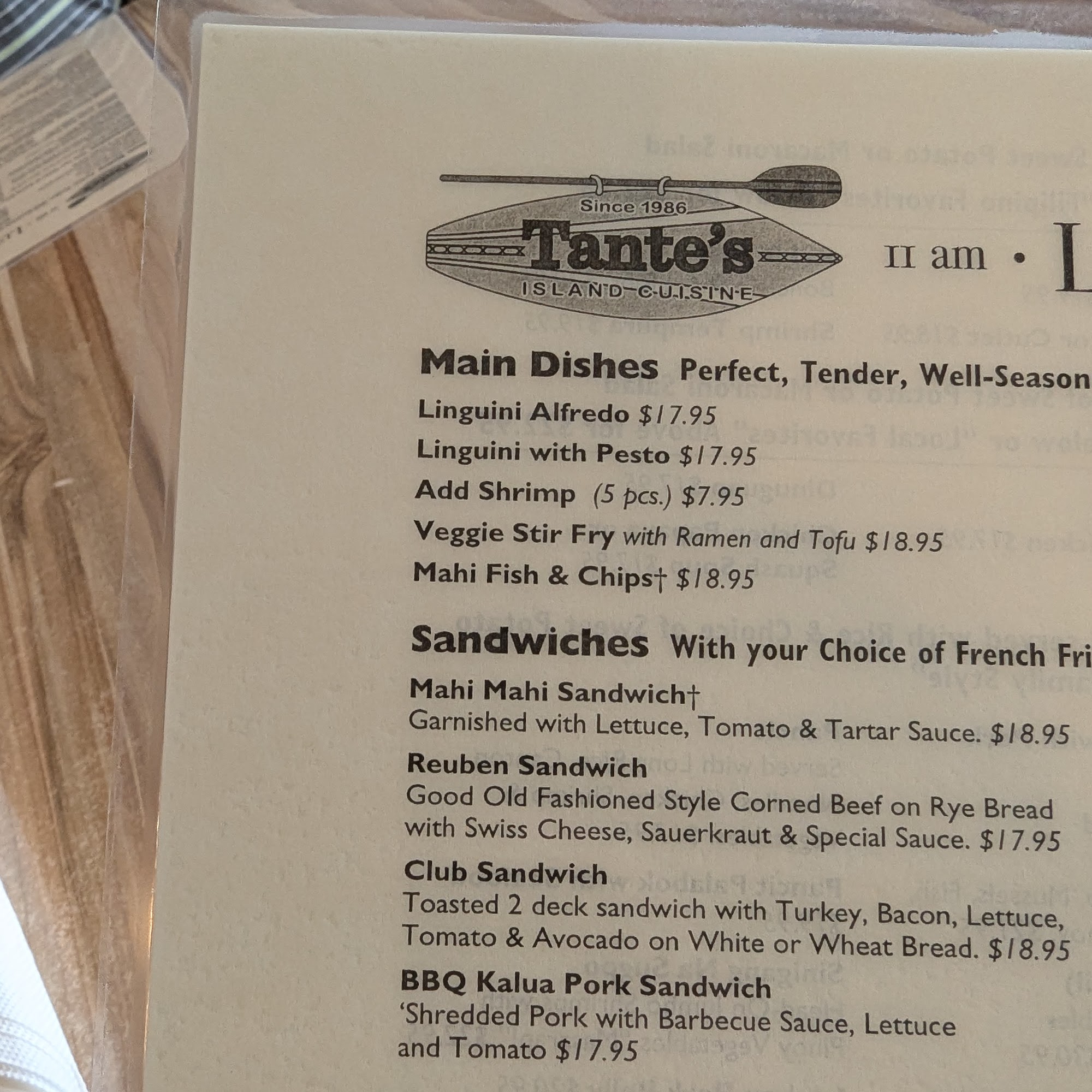 Tante's Cafe Menu