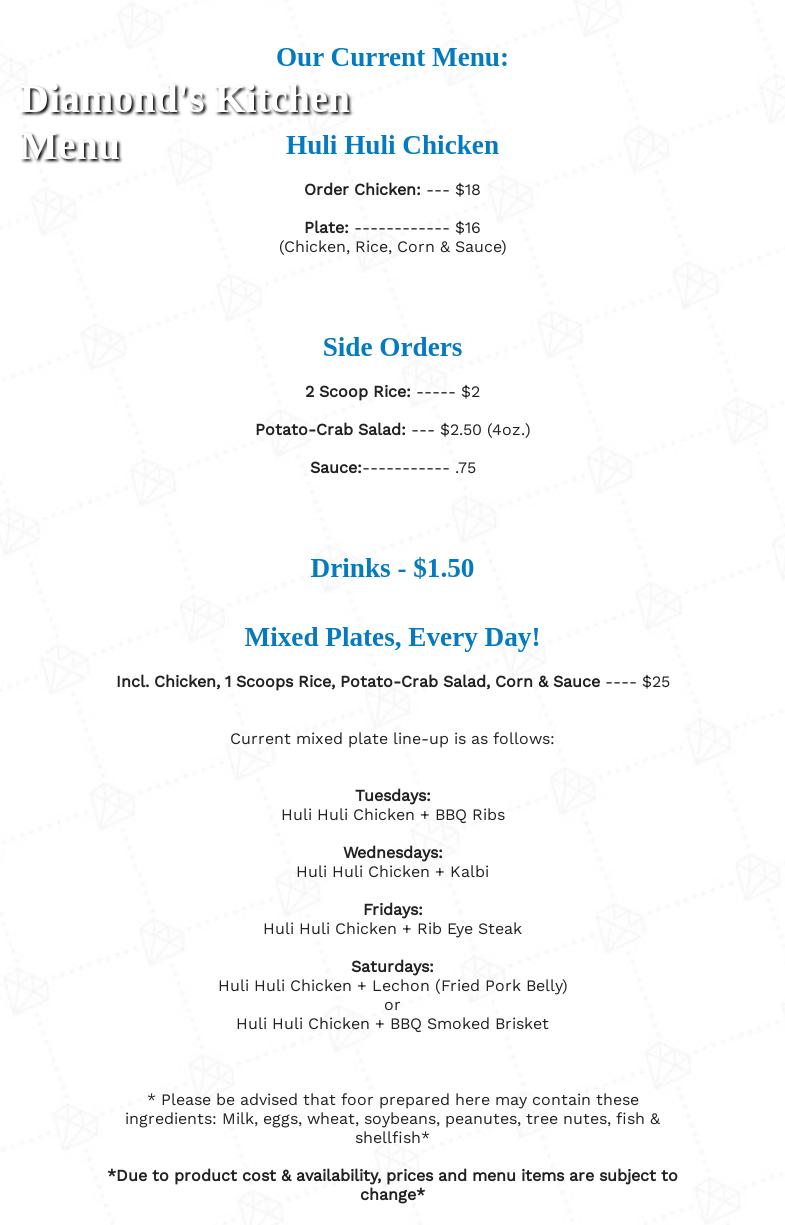 Diamond's Kitchen 808 Menu
