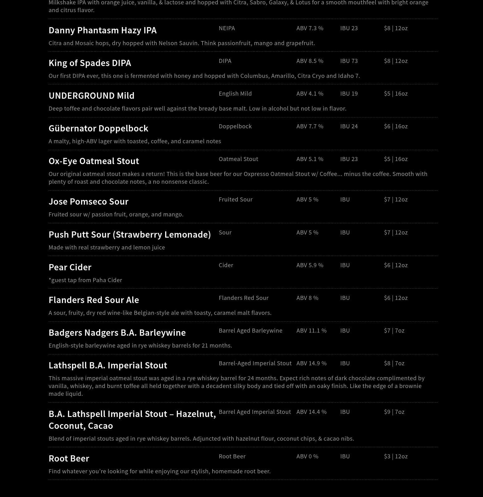 Alluvial Brewing Company Menu
