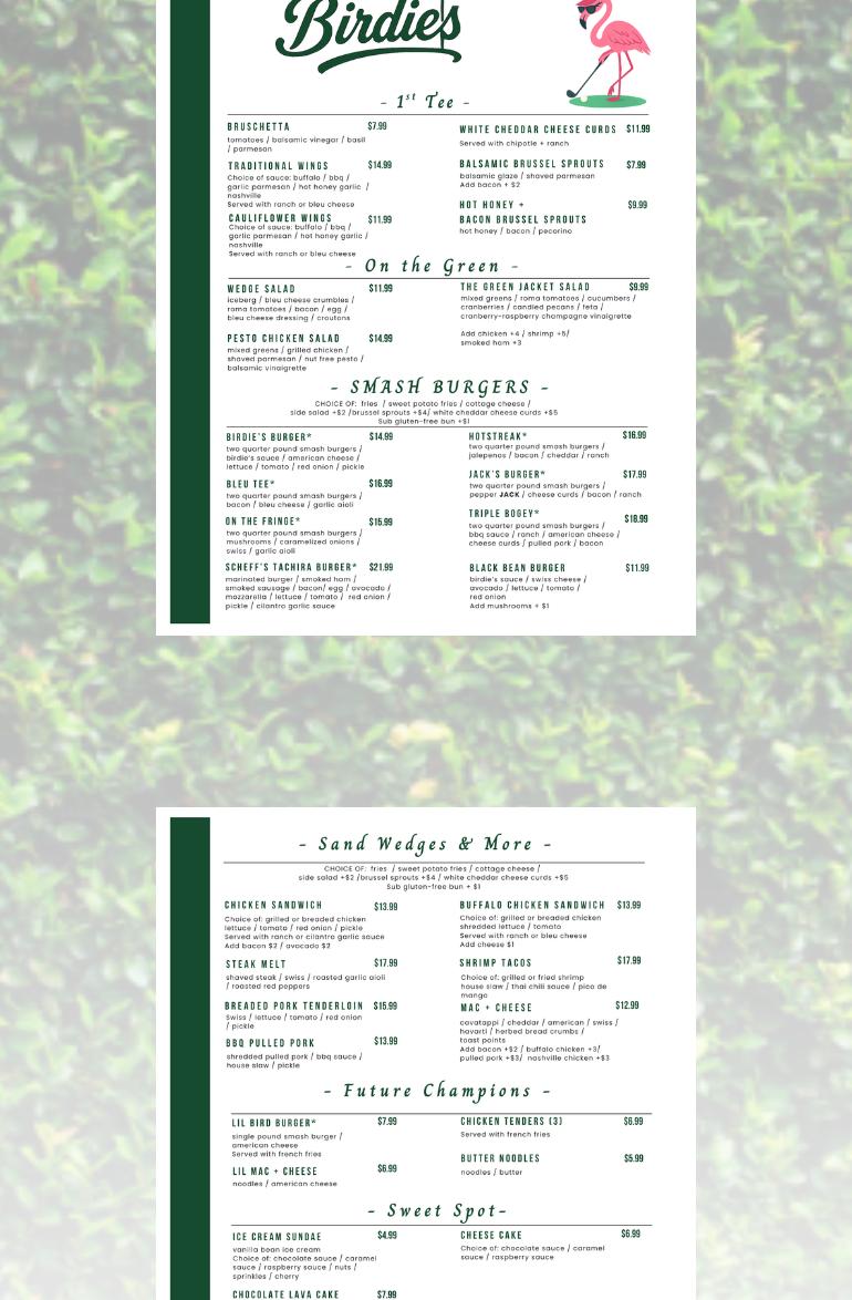 Birdies Tavern + Grill Menu