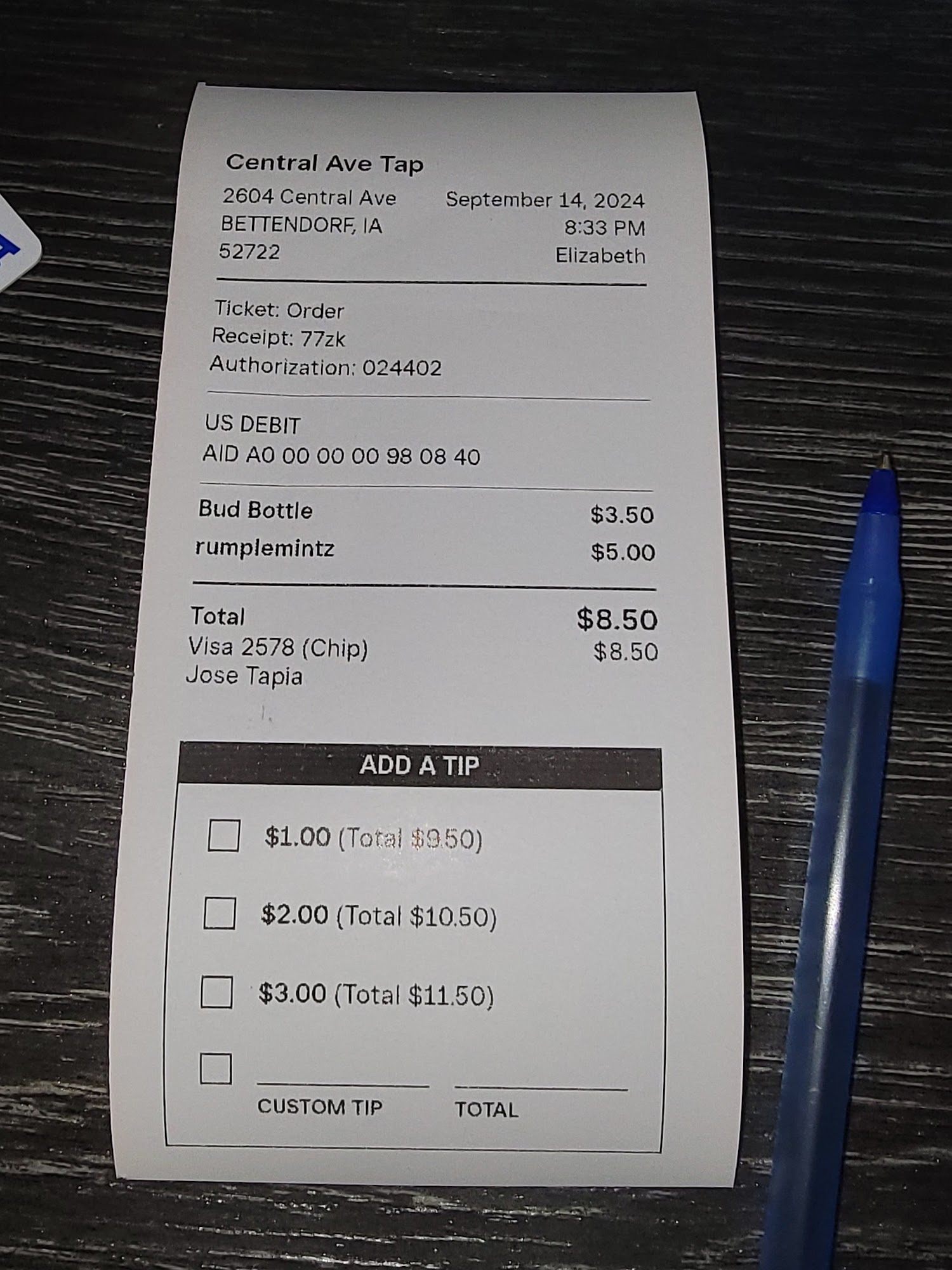 Central Ave Tap Menu