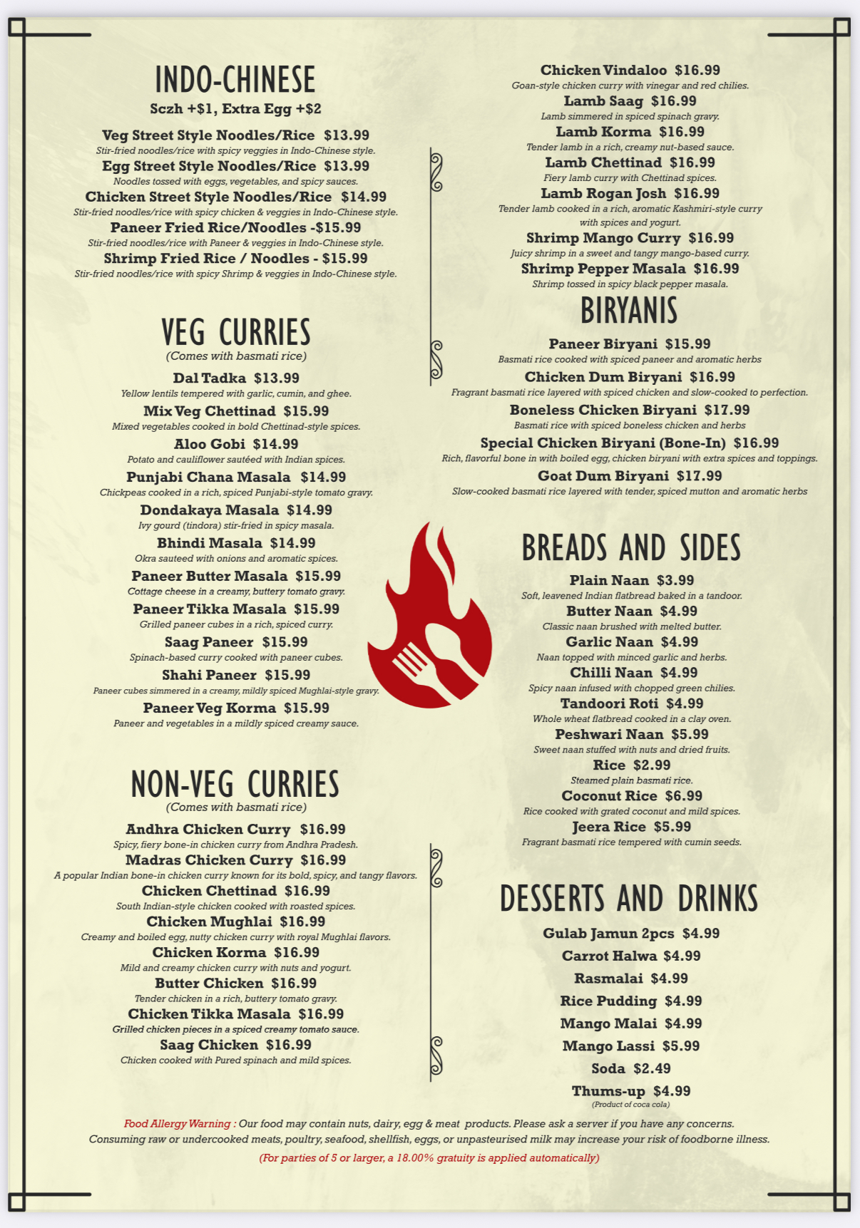 Desi Monks - Authentic South and North Indian Restaurant Menu