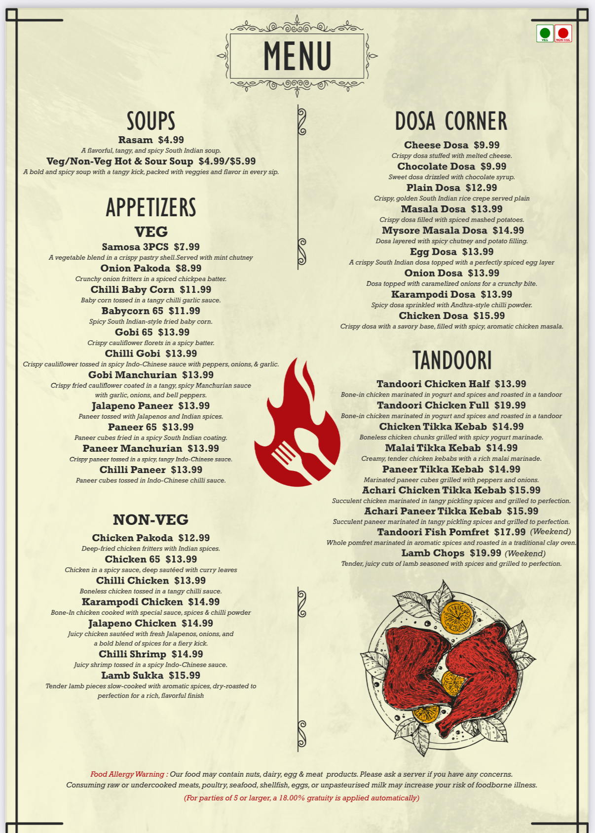 Desi Monks - Authentic South and North Indian Restaurant Menu