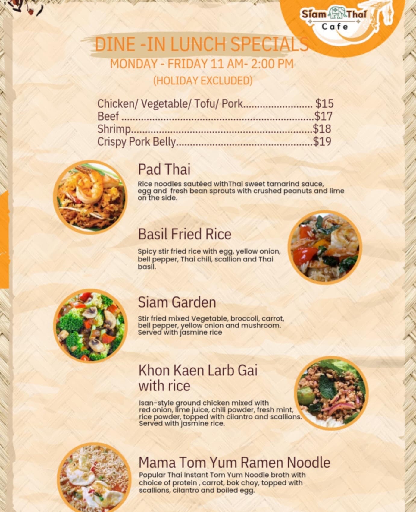 Siam Thai Cafe Menu