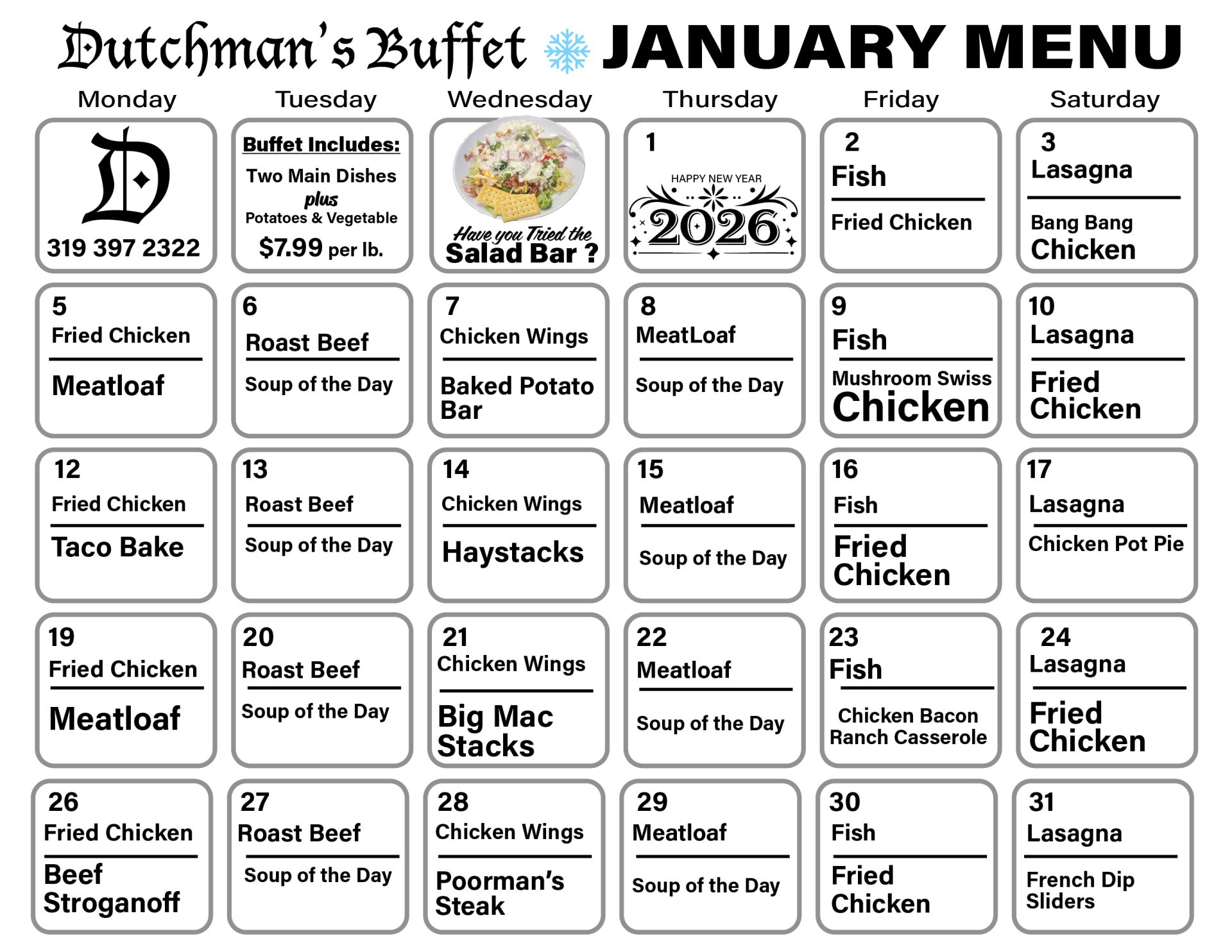 Dutchman's Buffet Menu