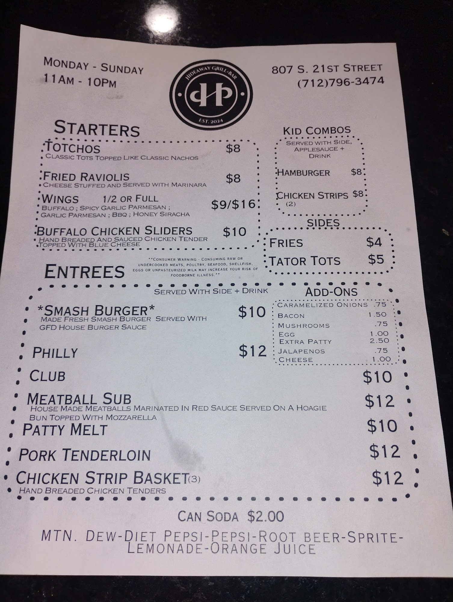 The Hideaway Grill and Bar Menu