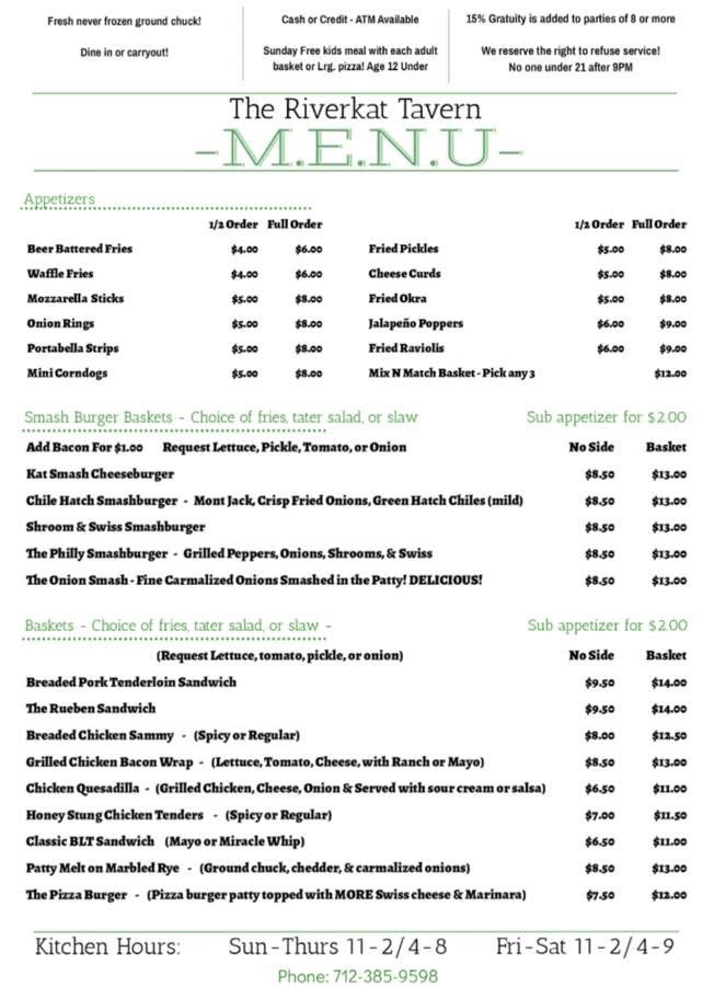 The RiverKat Tavern & Grill Menu