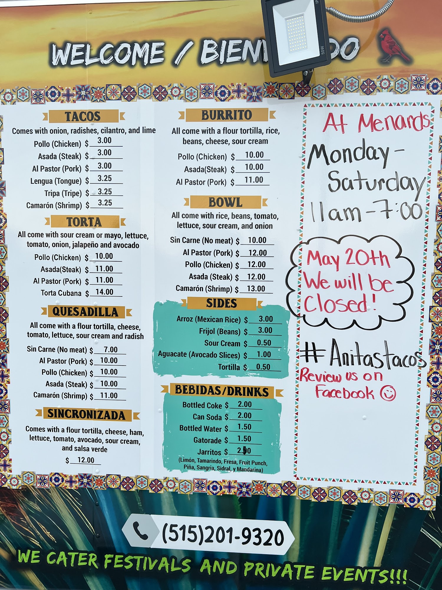Anita’s Tacos LLC Menu