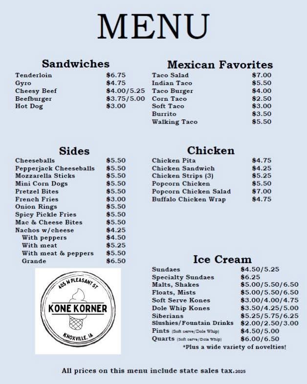 Kone Korner Menu