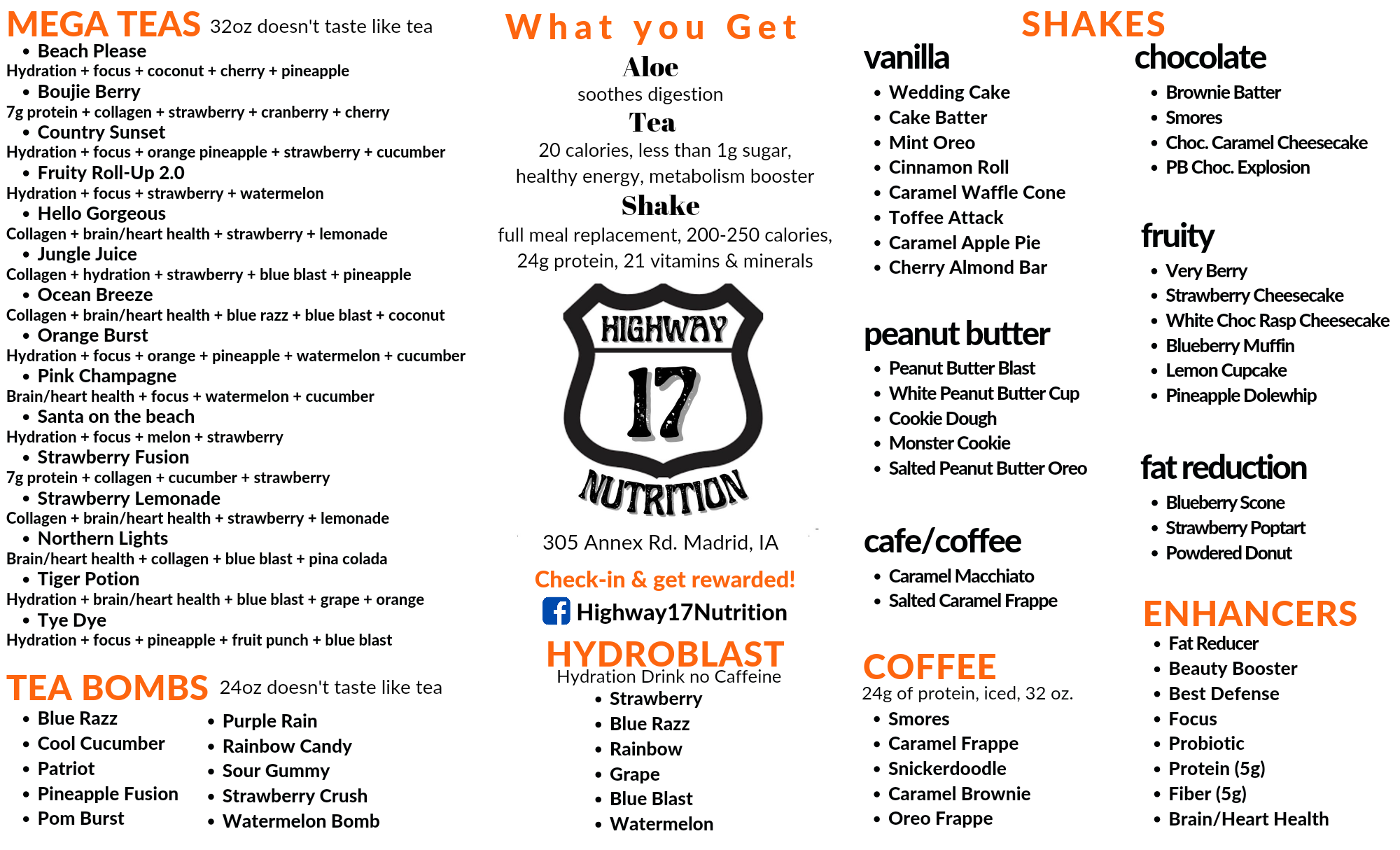 Highway 17 Nutrition Menu