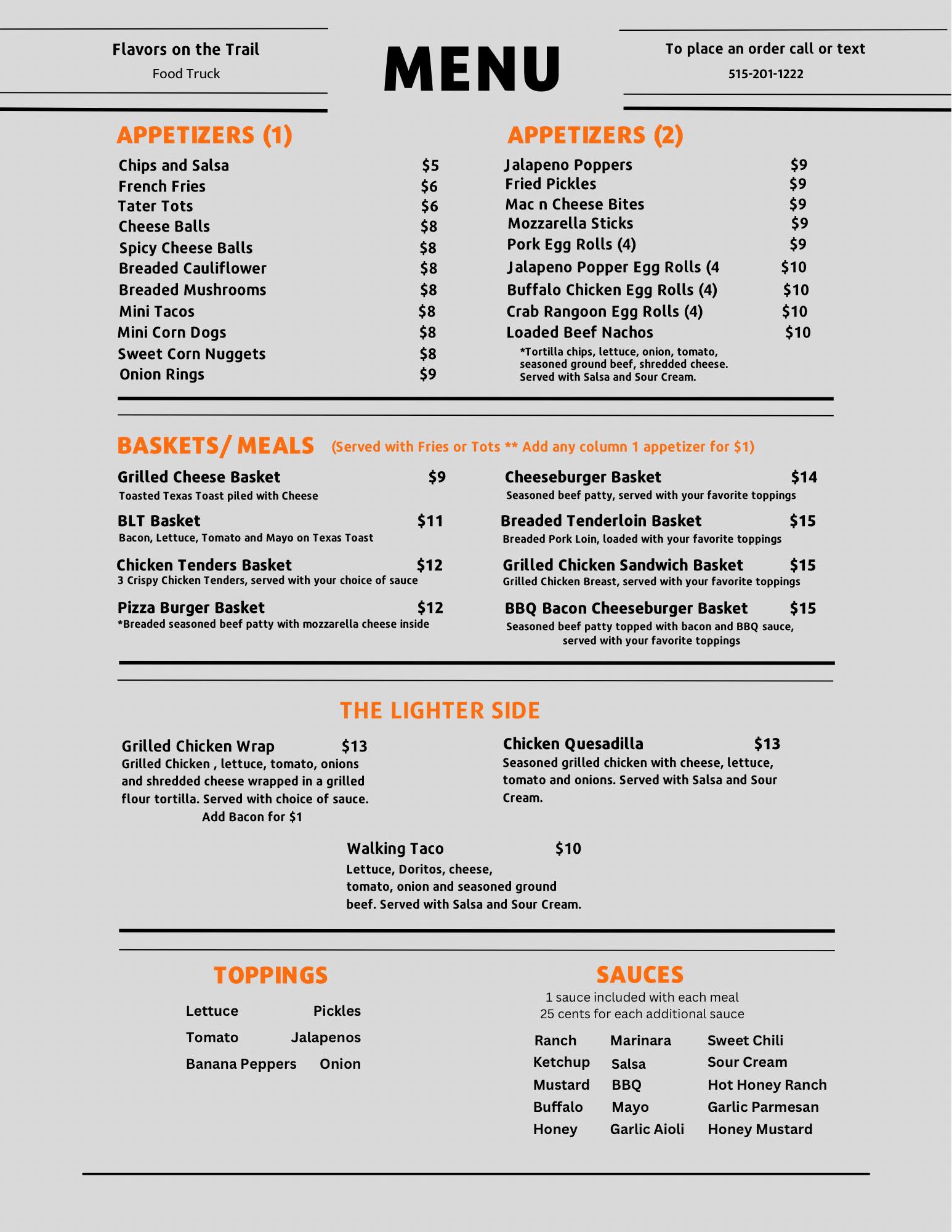 Flavors on the Trail Menu