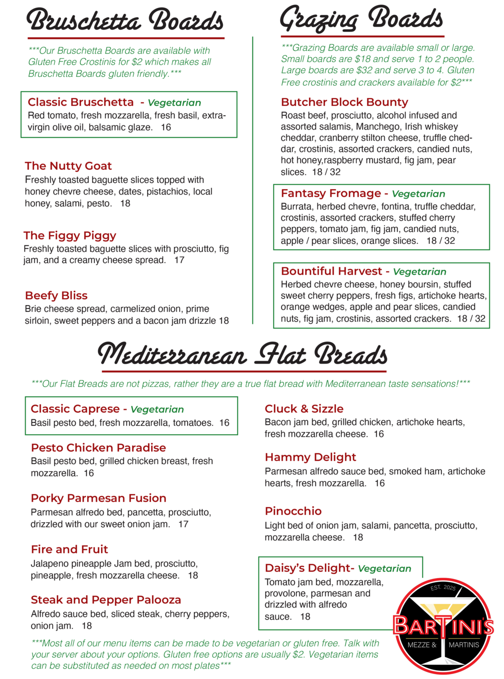 BarTini's, Marion Menu