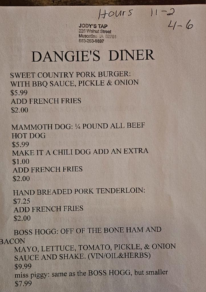 Jody's Bar Menu