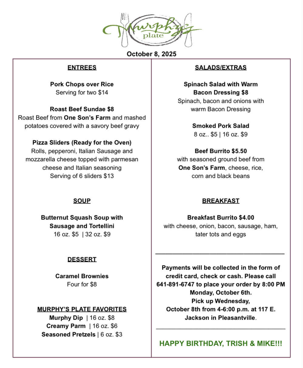 Murphy’s Plate Menu