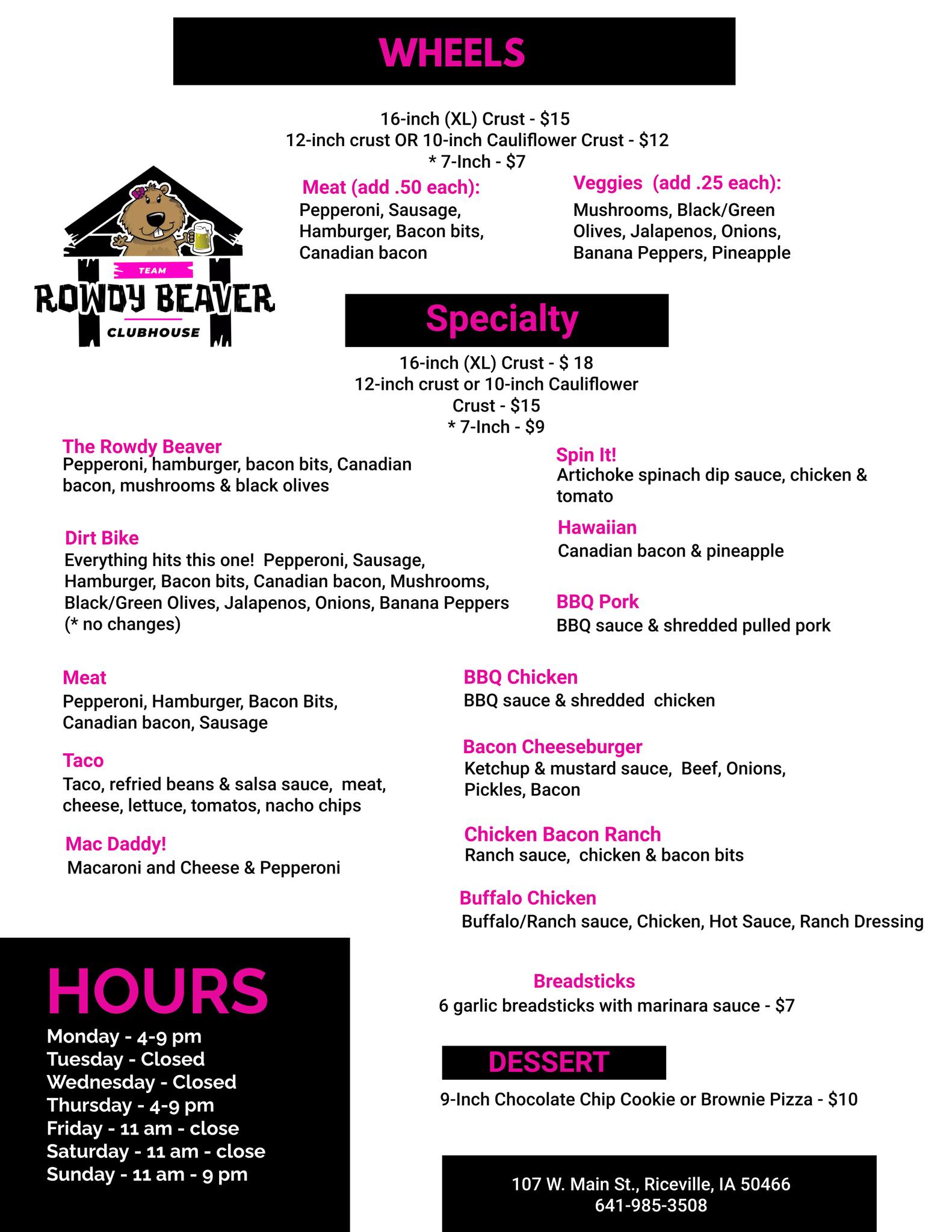 Team Rowdy Beaver Clubhouse Menu