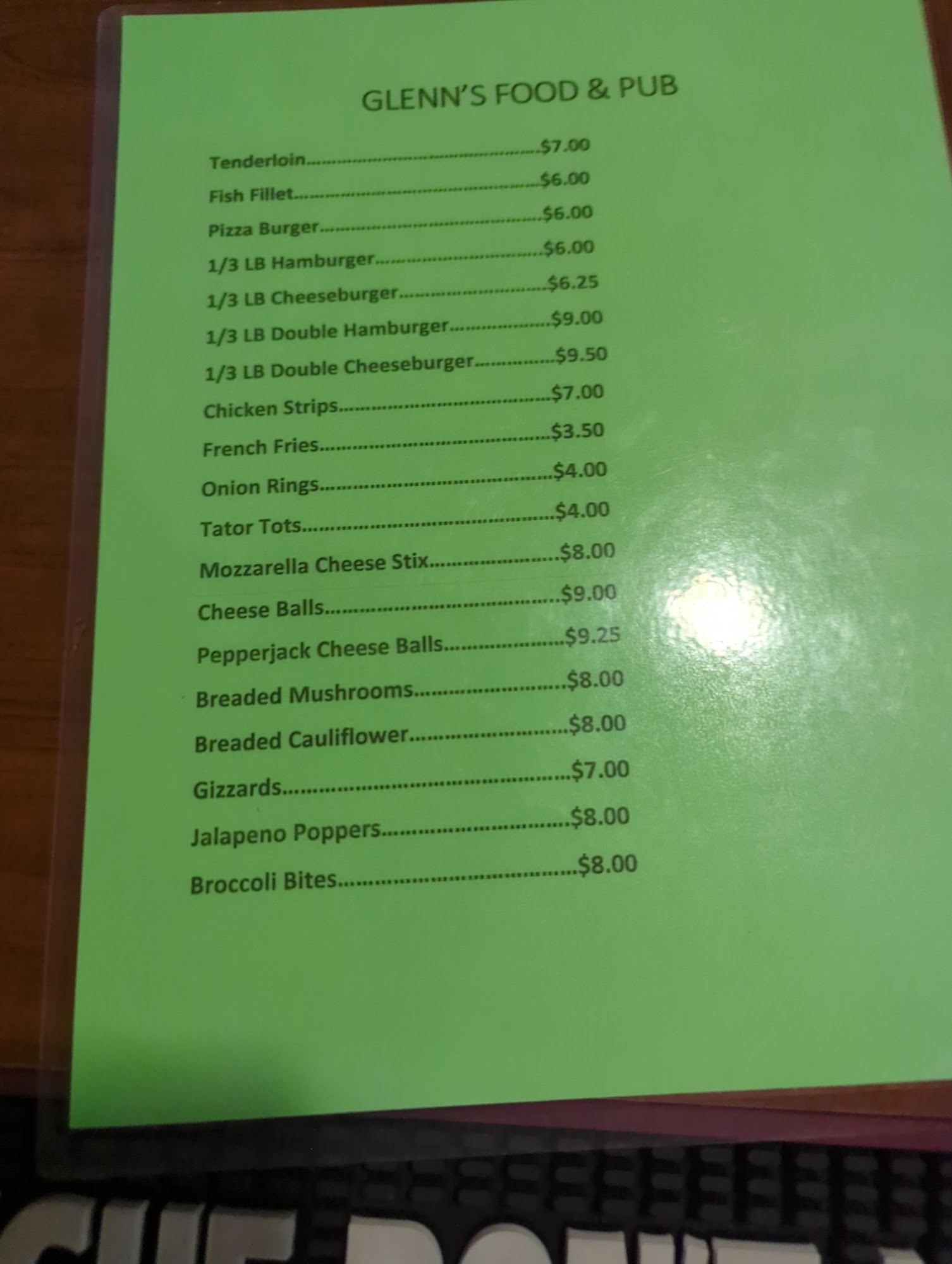 Glenn's Food & Pub Menu