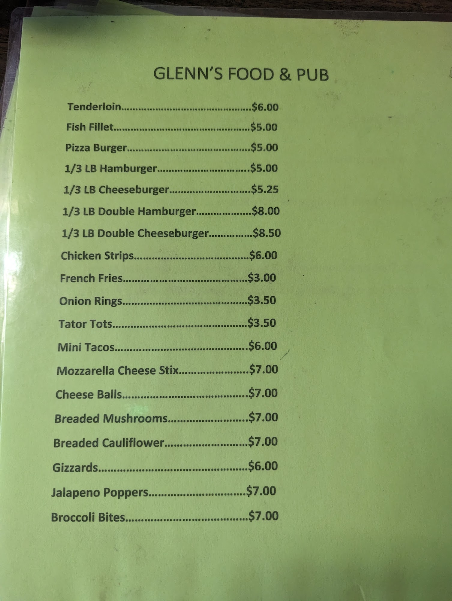Glenn's Food & Pub Menu