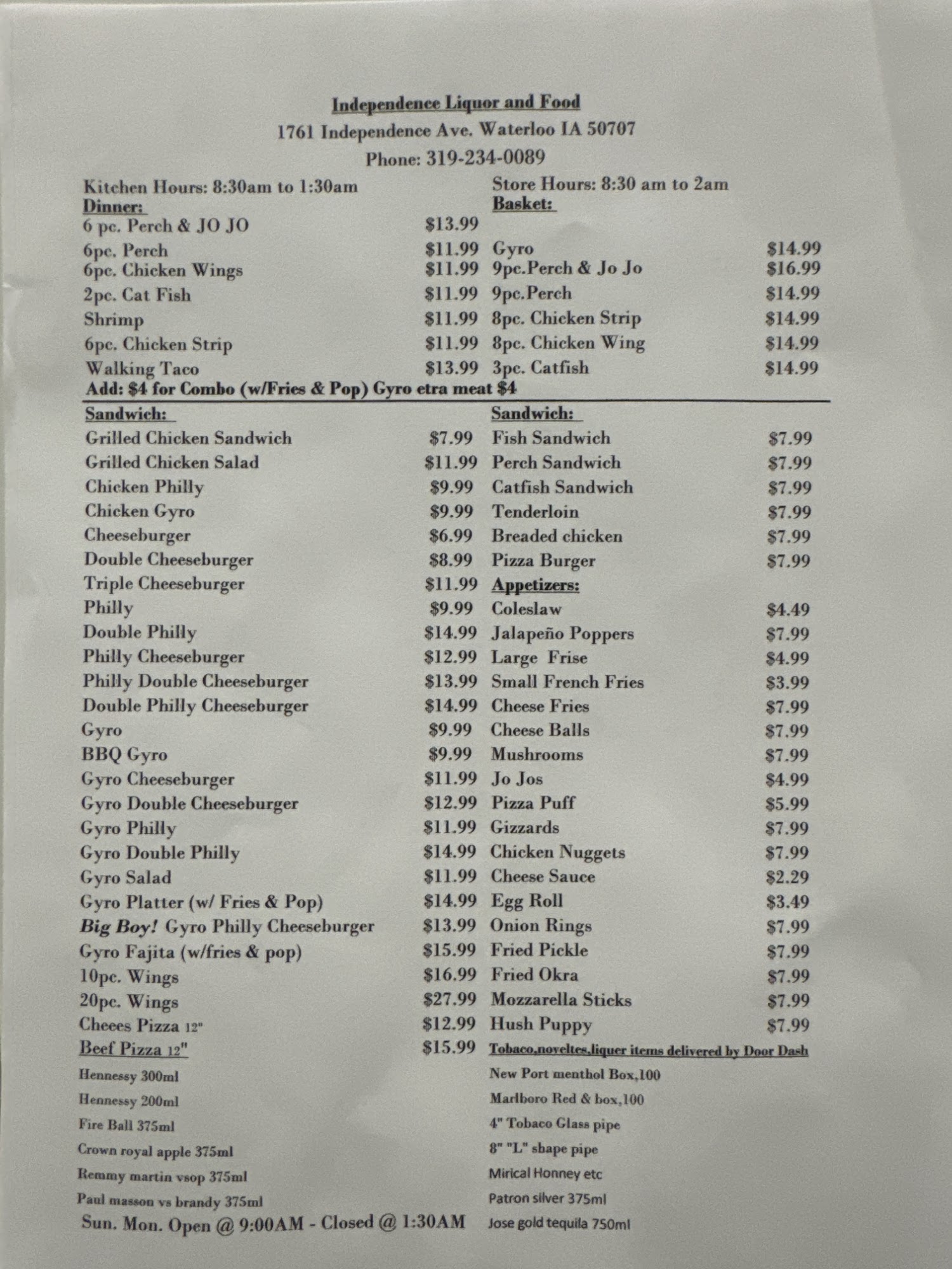 Independence liquors and food Menu
