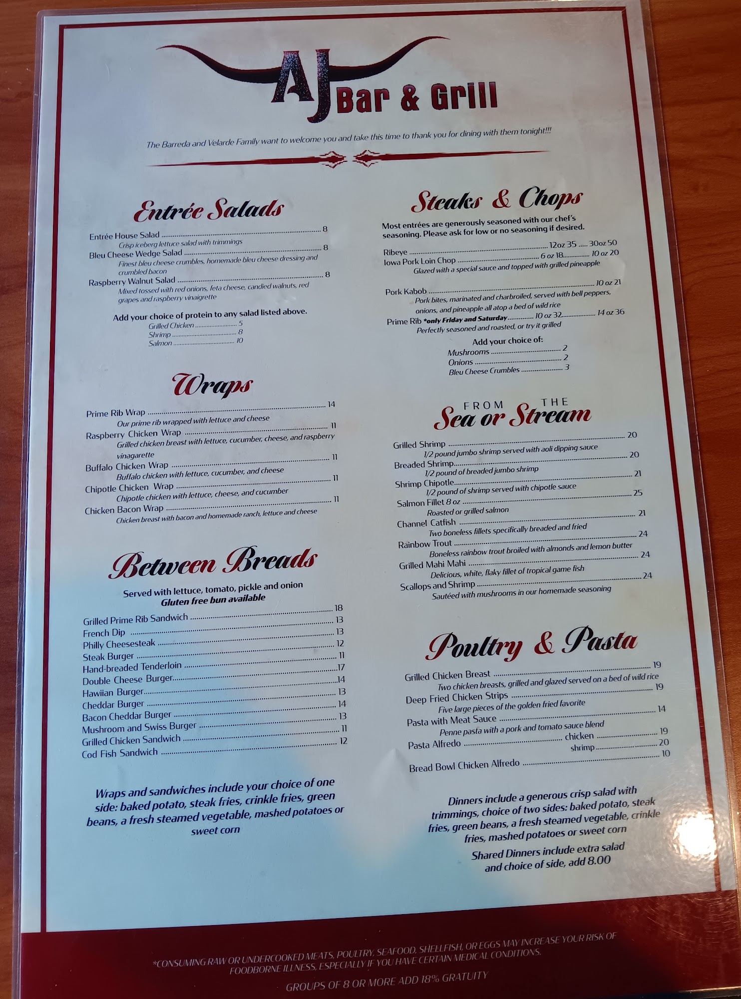 AJ Steakhouse Menu