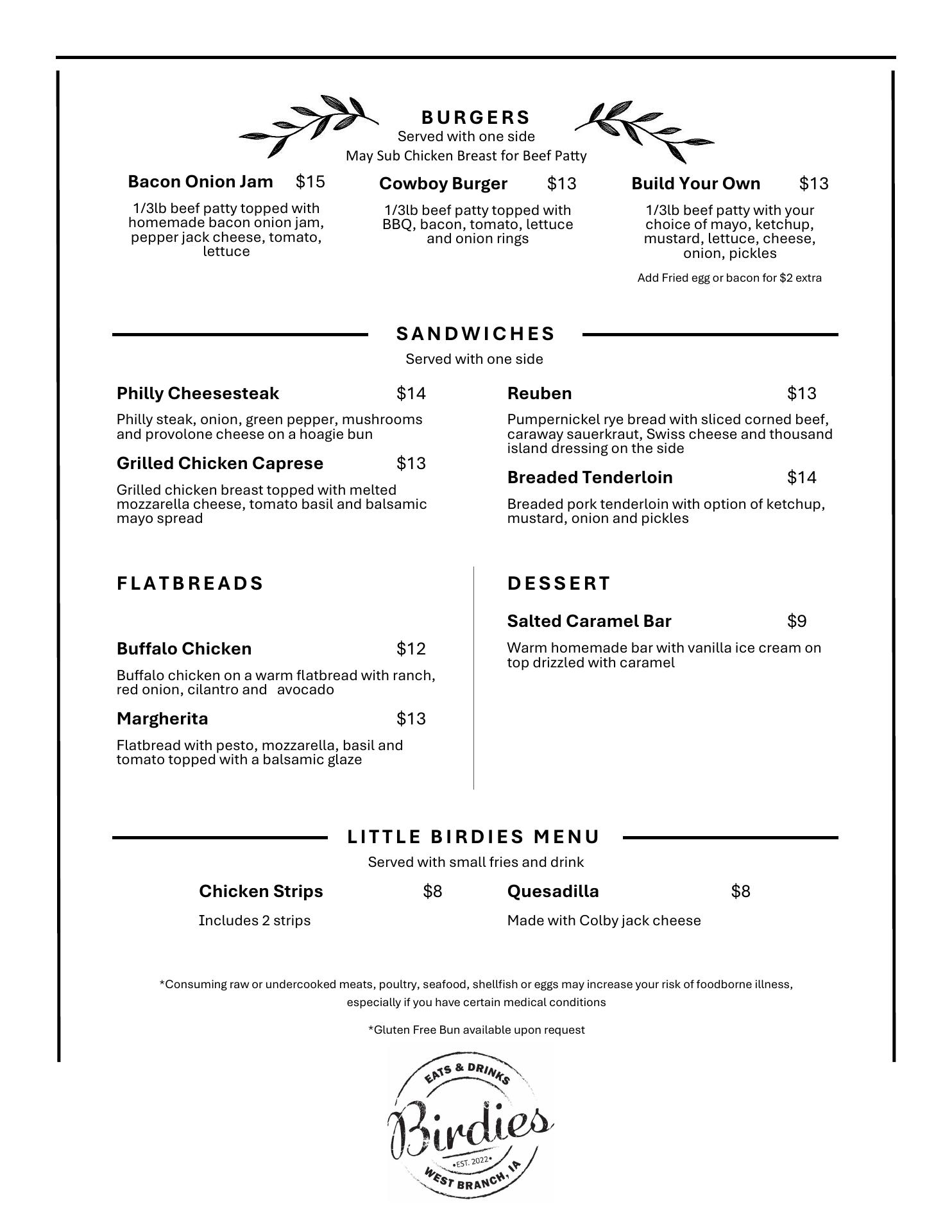 Birdies Eats & Drinks Menu