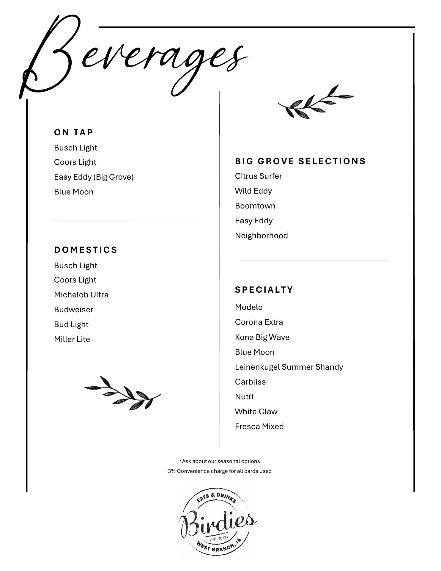 Birdies Eats & Drinks Menu