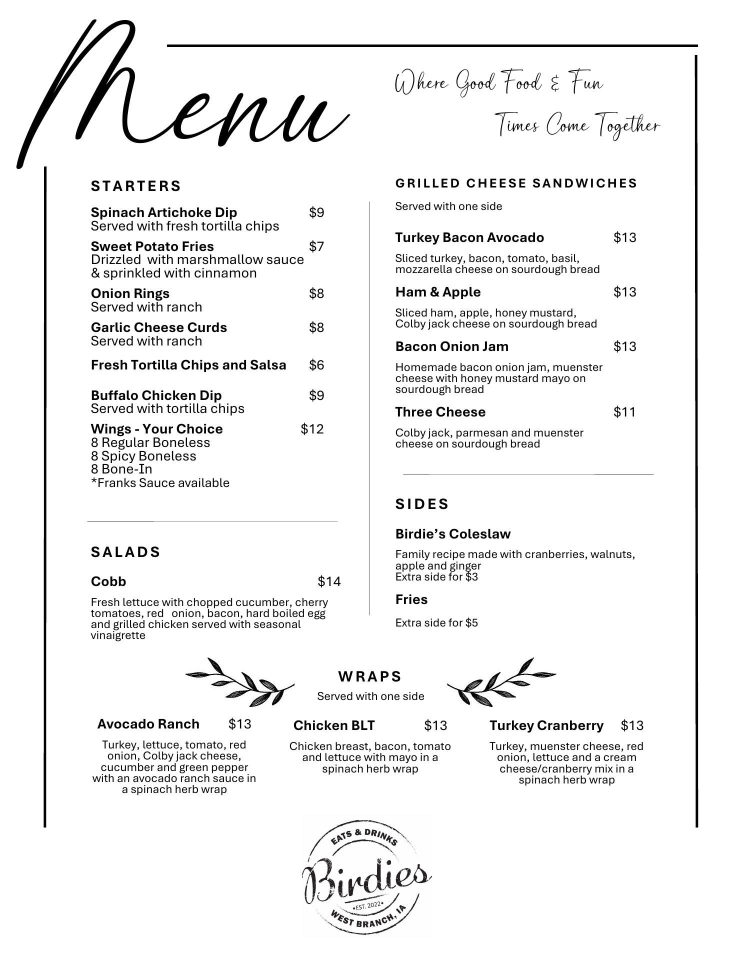 Birdies Eats & Drinks Menu