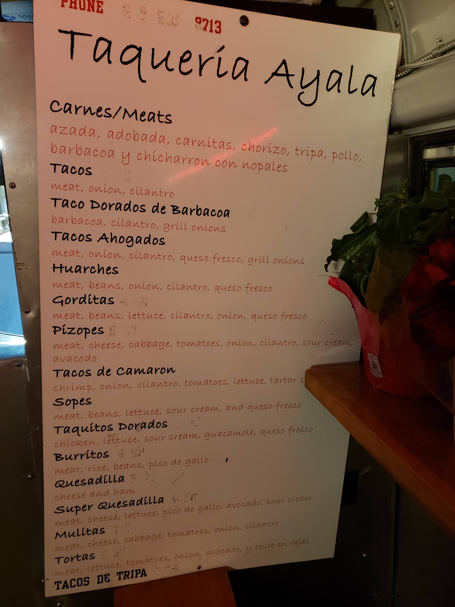 Taqueria Ayala Menu