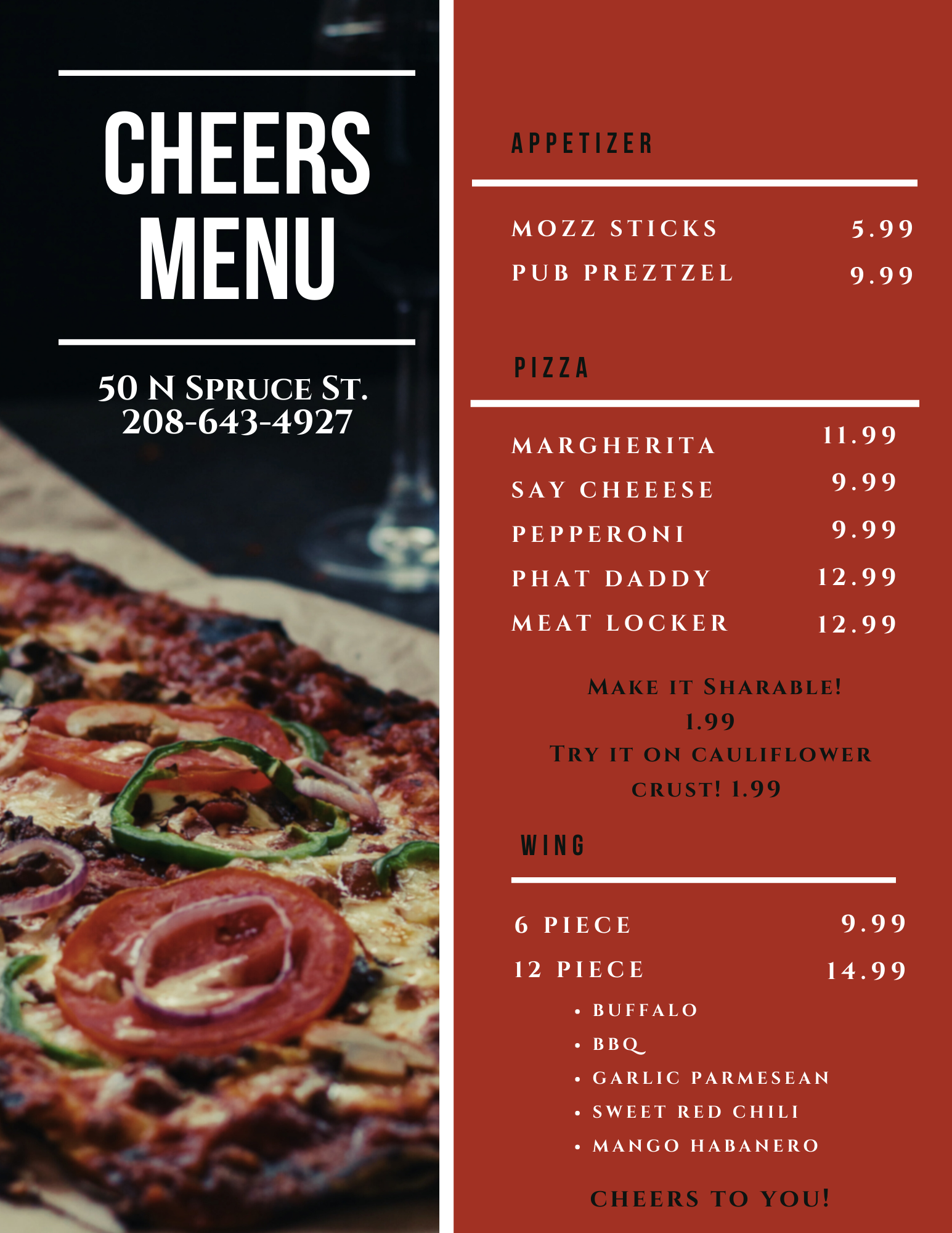 Cheers & Beers Bar and Restaurant Menu