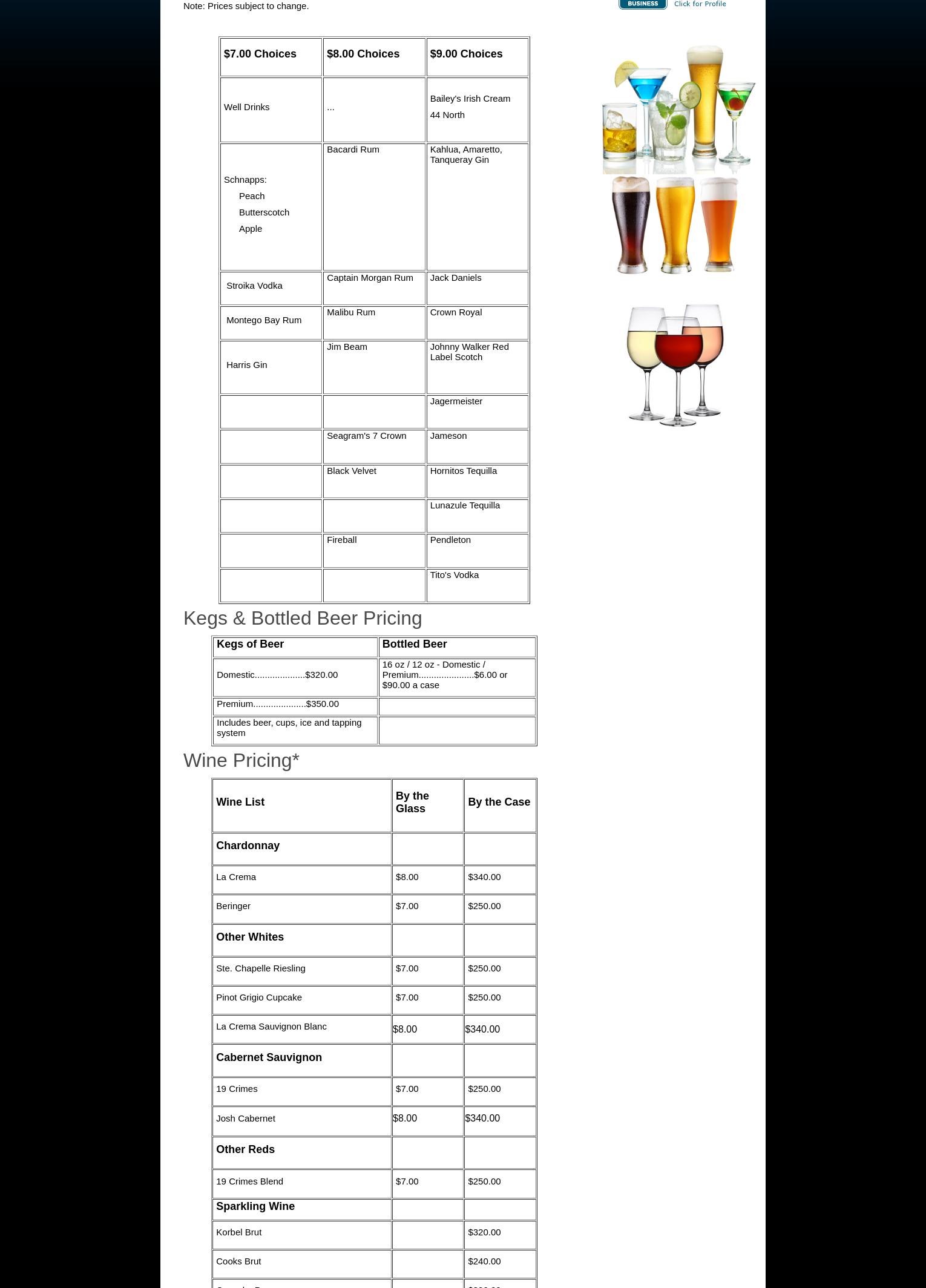 Jo's Traveling Bar Menu