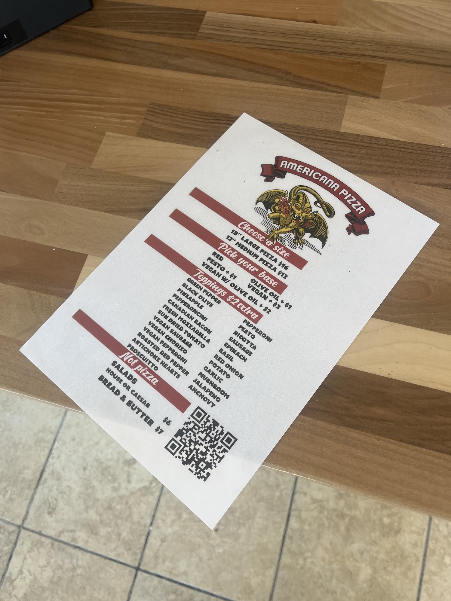 Americana Pizza Vista Menu