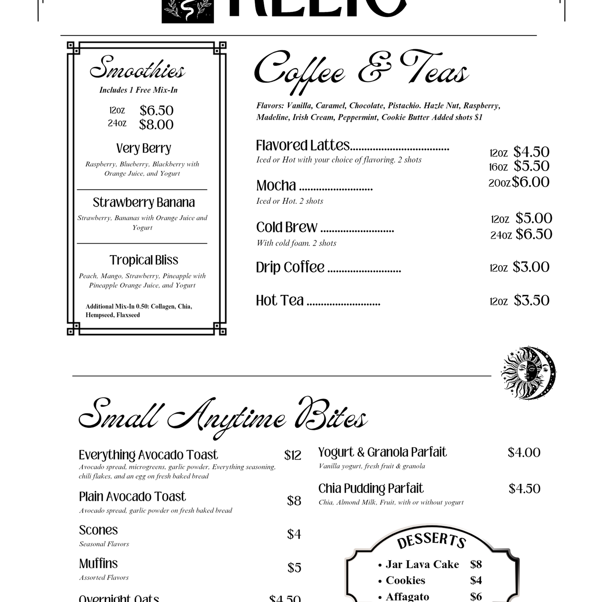 Relic Speakeasy Menu