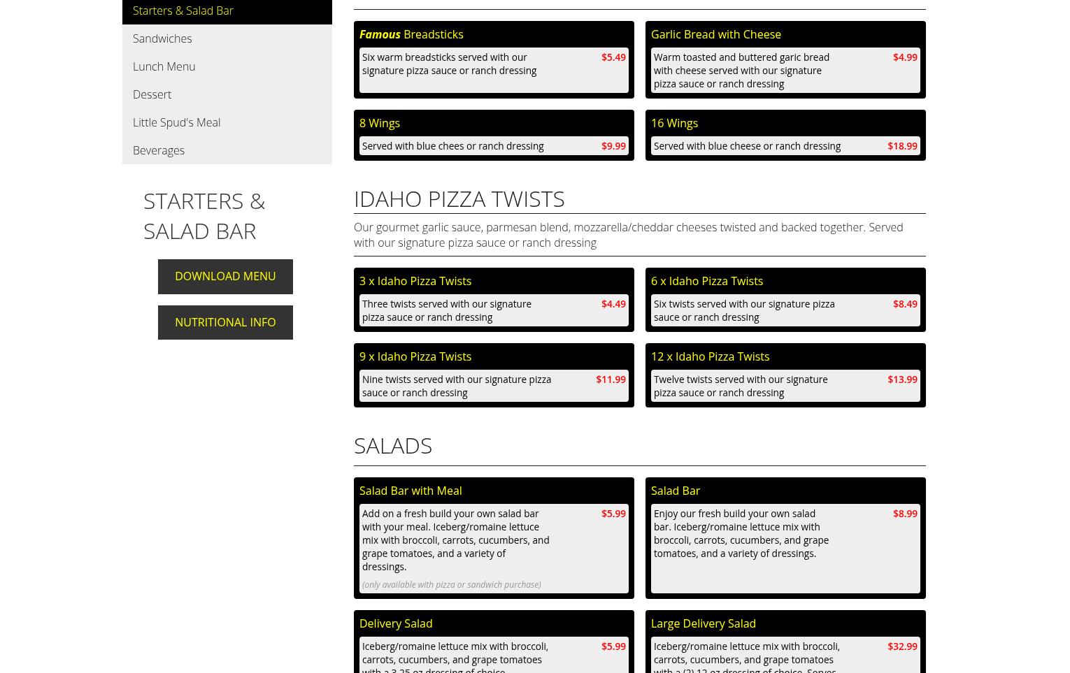 Idaho Pizza Company Menu