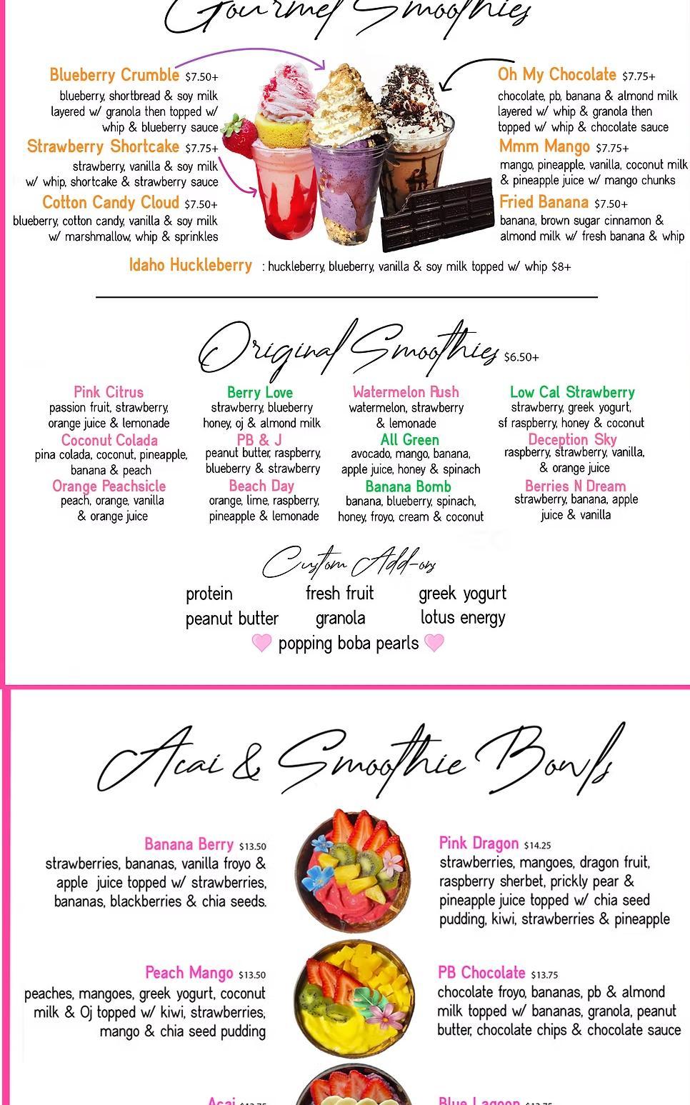 Berry Bay Smoothies Menu