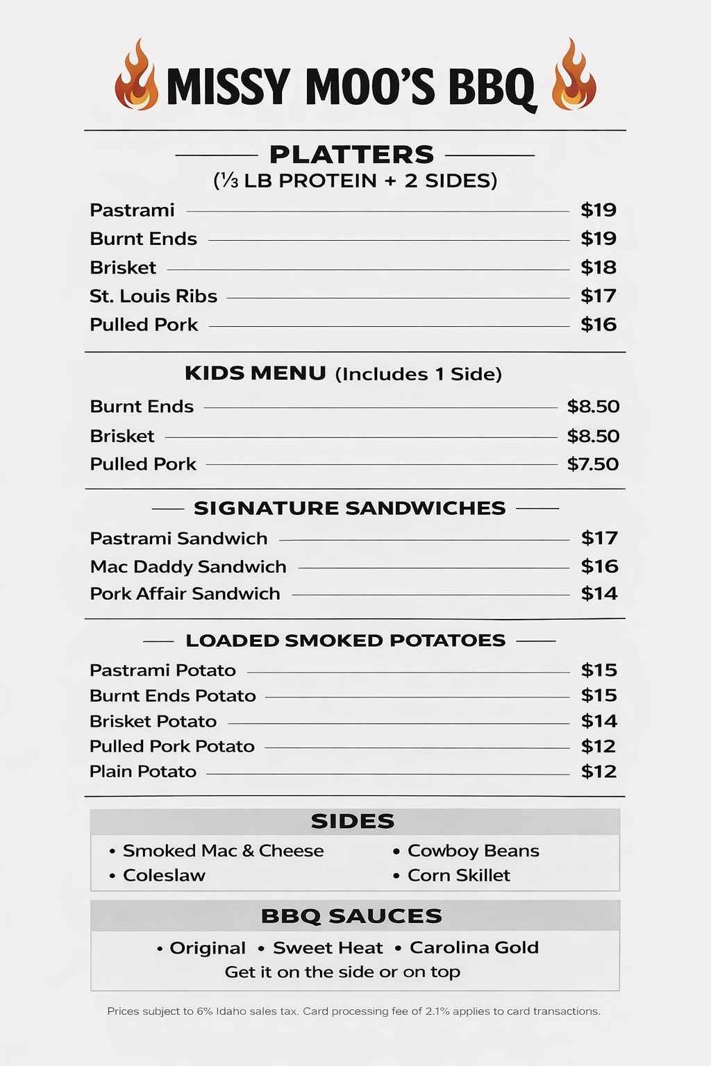 Missy Moo's Bar - B - Que Menu