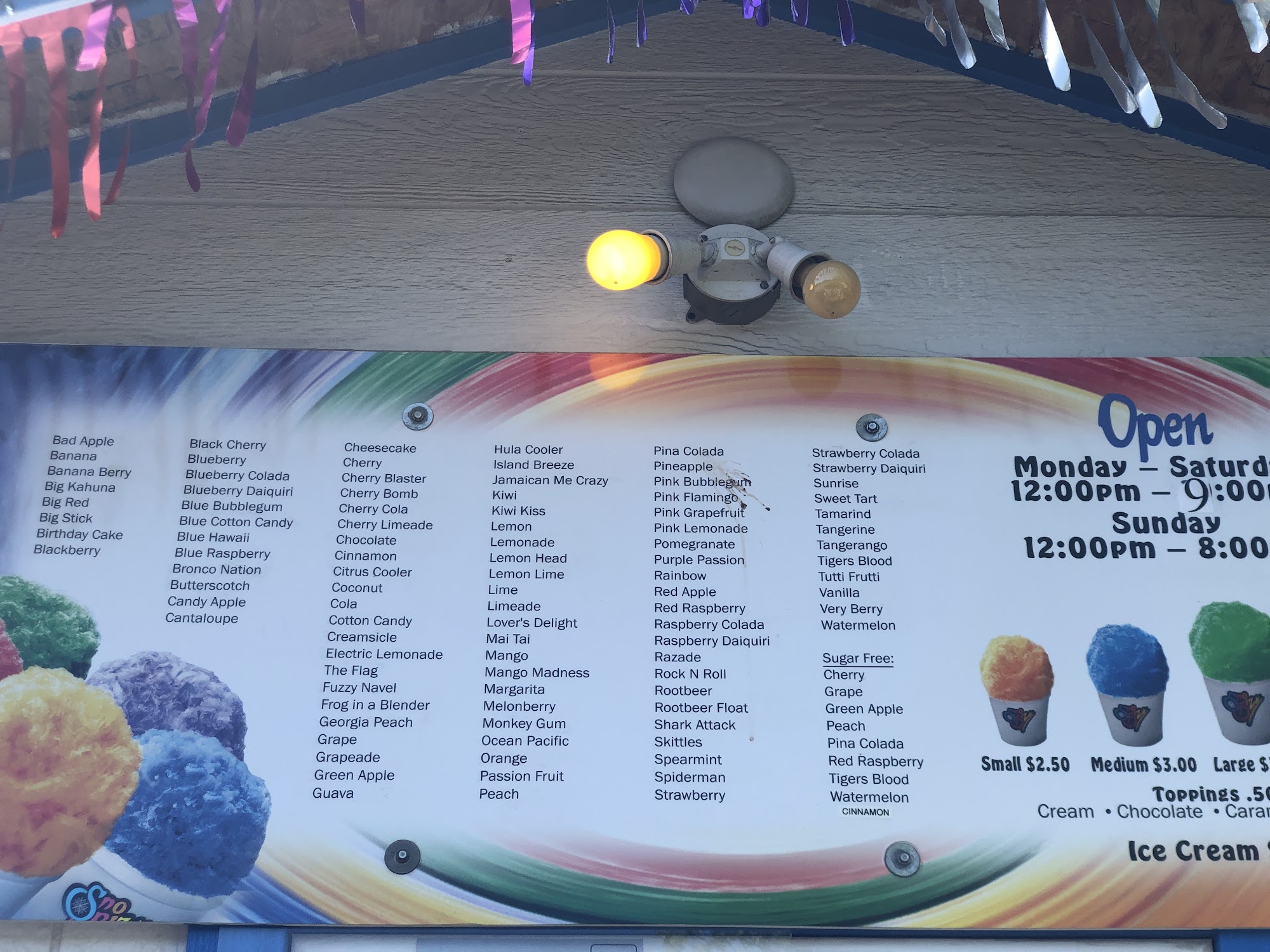 SnoBiz Shaved Ice Menu