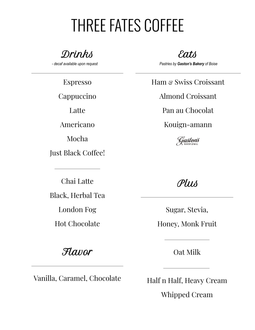 Three Fates Coffee Co Menu