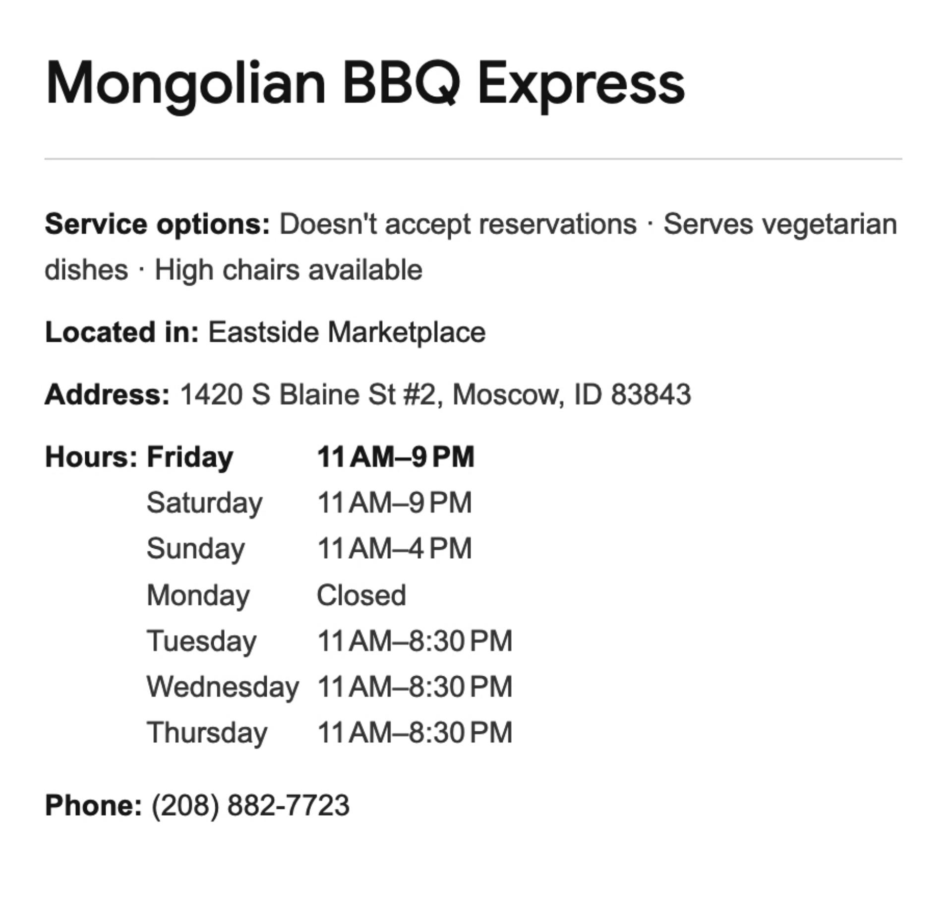 Mongolian BBQ Express Menu
