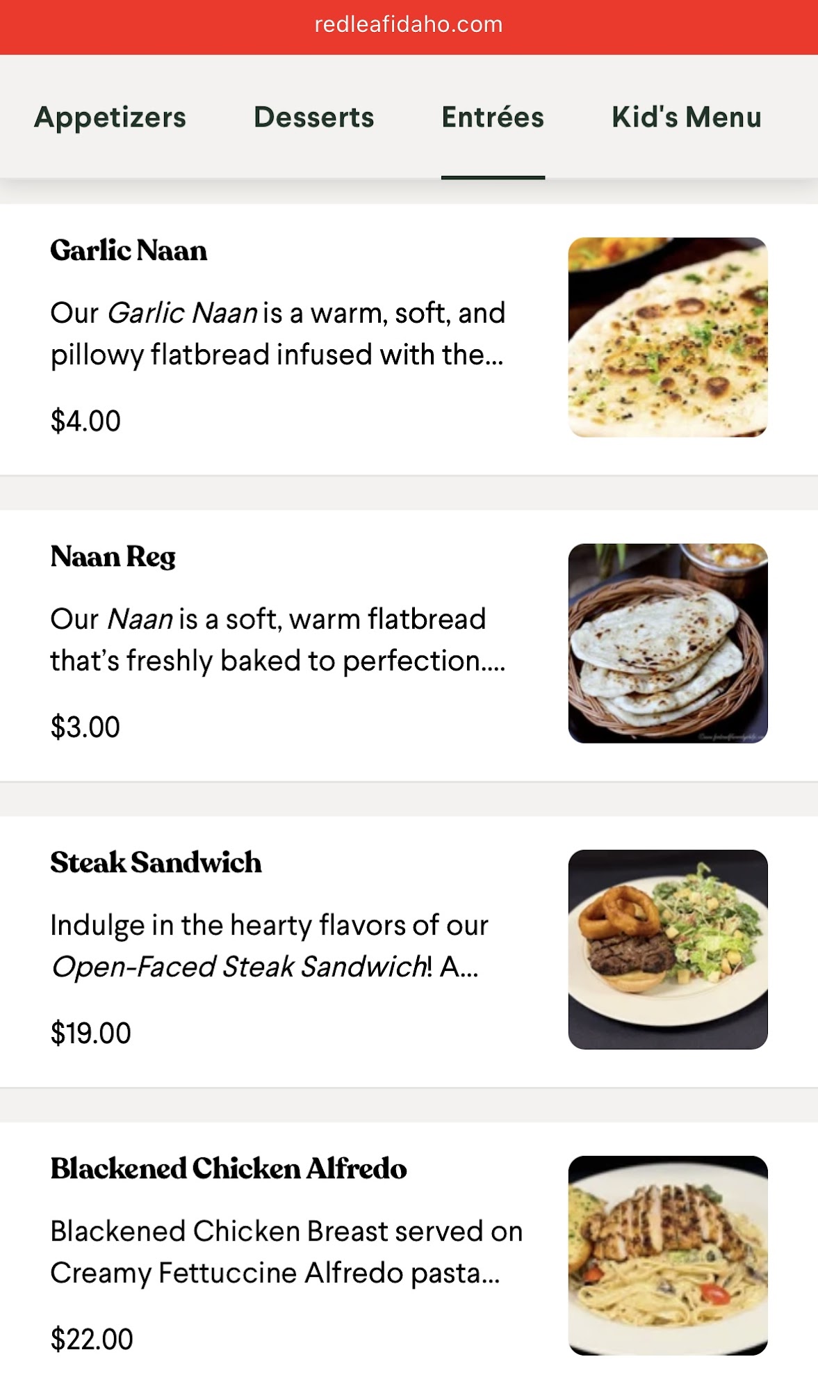 Red Leaf Kitchen and Bar Menu