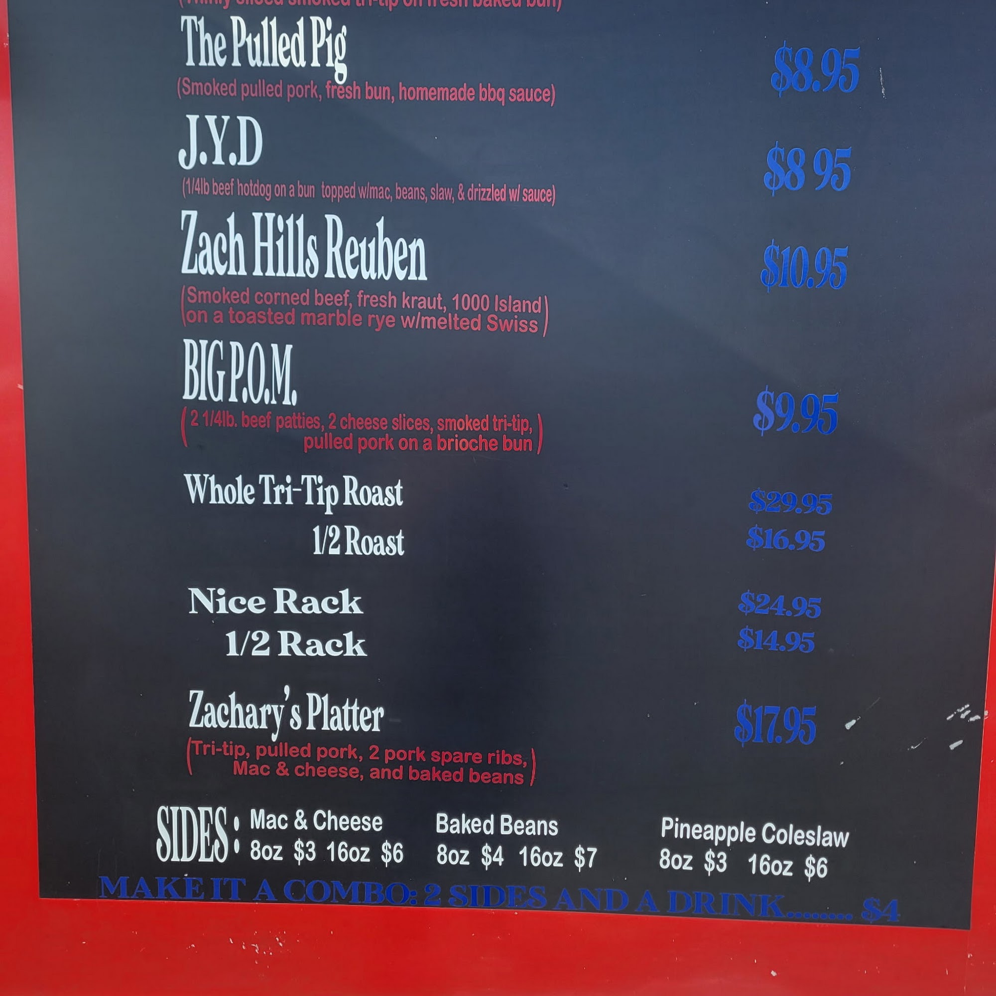 Zach's Smoke shack Menu