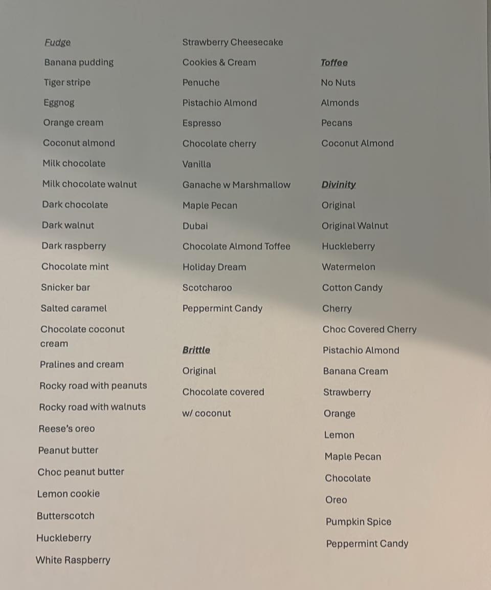 Candy Shop Menu