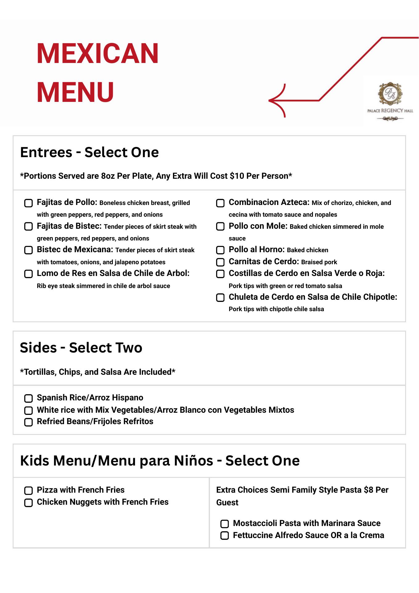 Palace Regency Hall Berwyn Menu