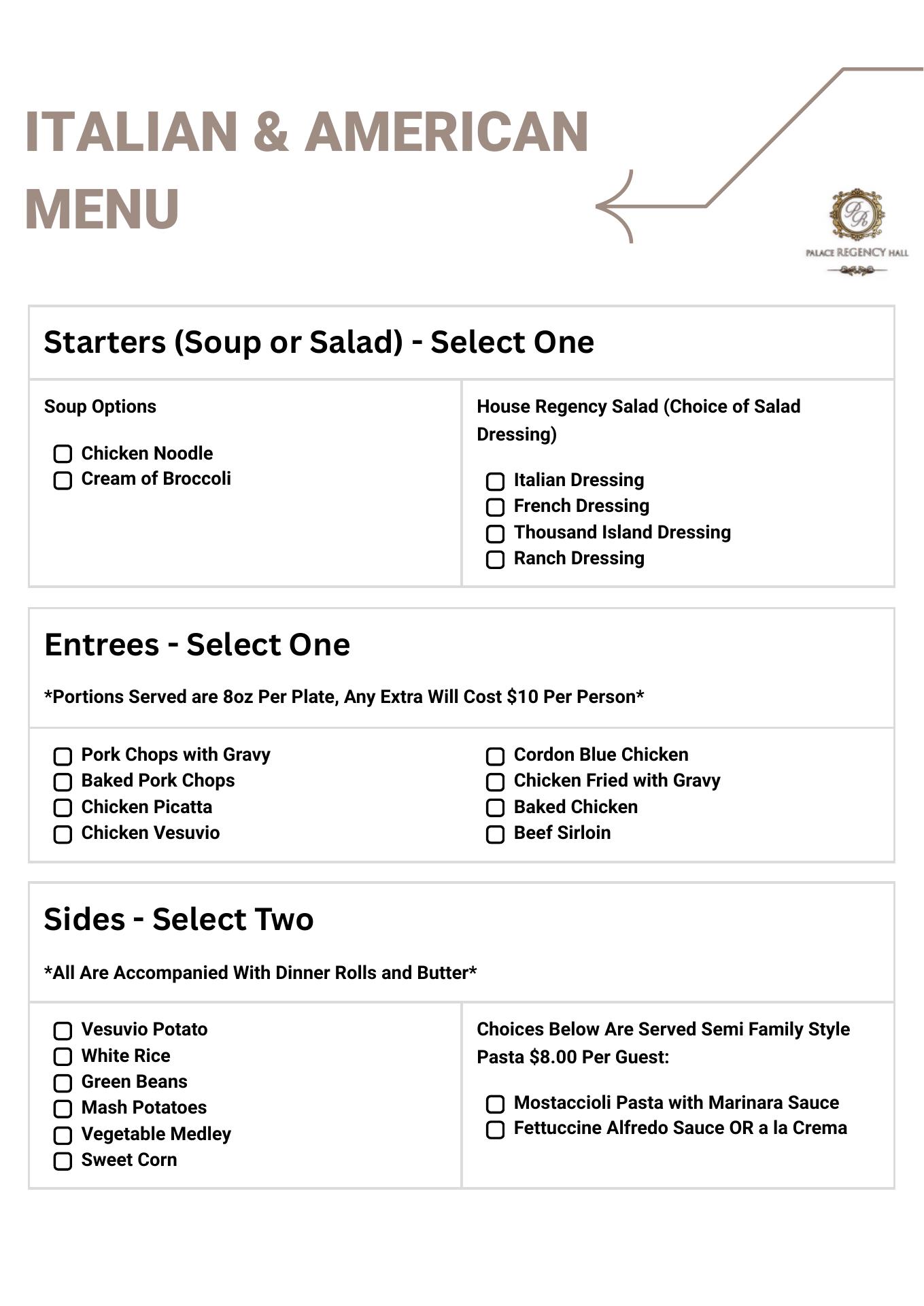 Palace Regency Hall Berwyn Menu