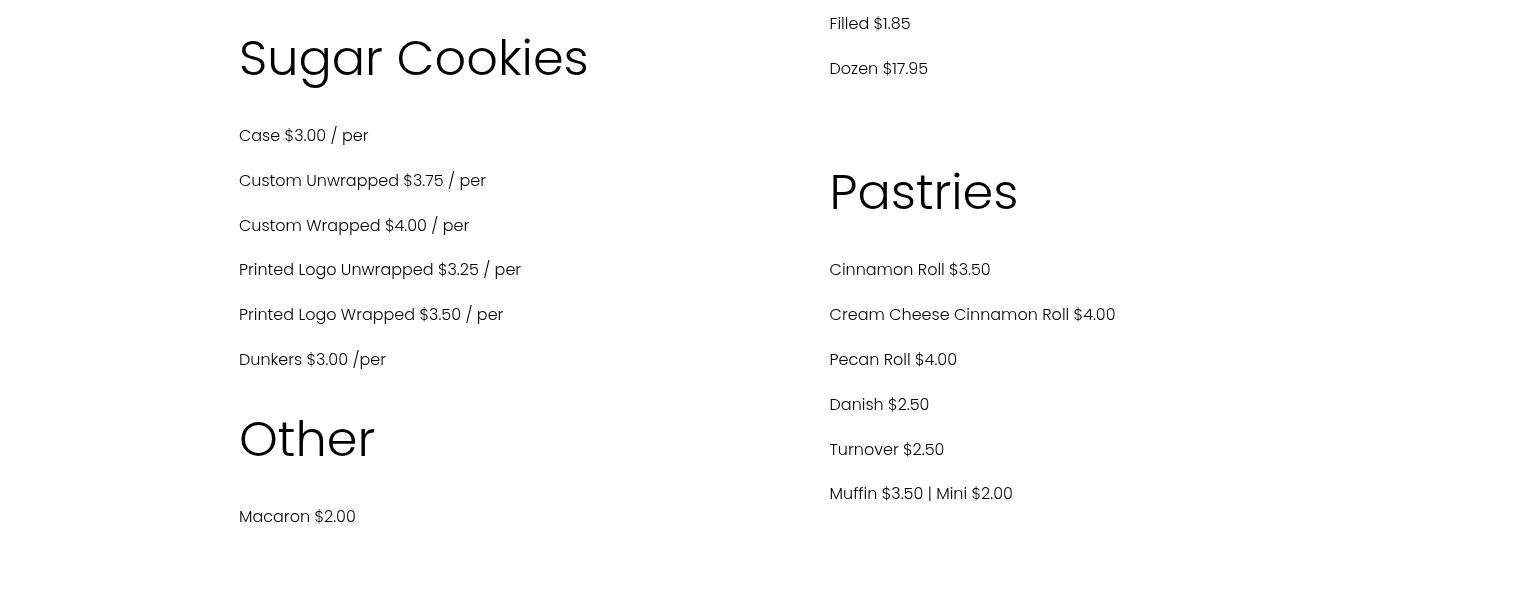 Nana's Bakery & Cakes Menu