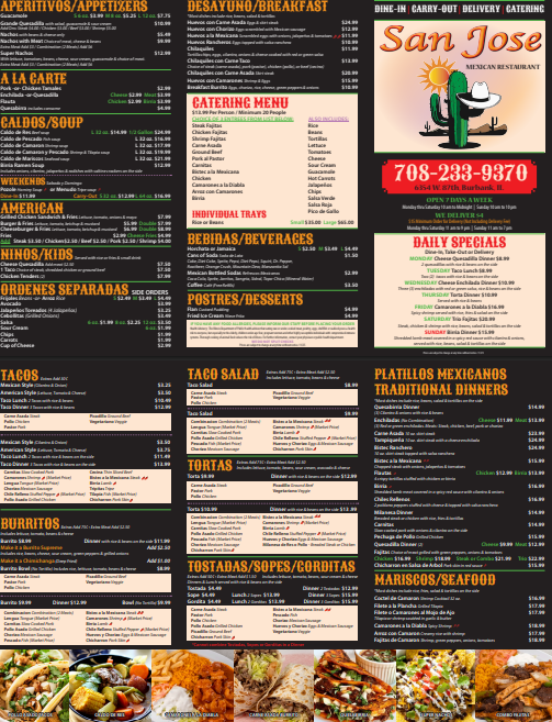 San Jose Mexican Restaurant Menu