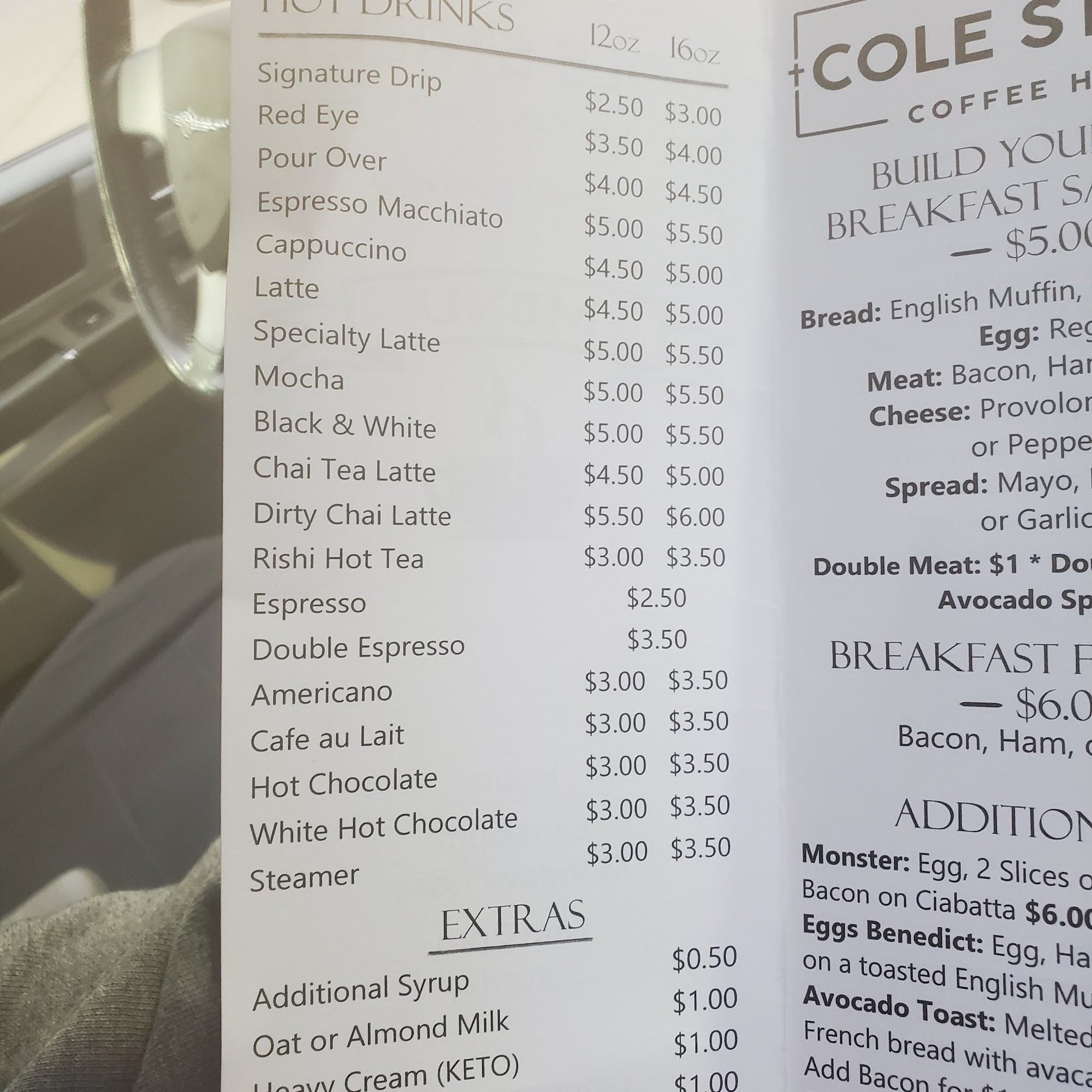 Cole Street Coffee House Menu
