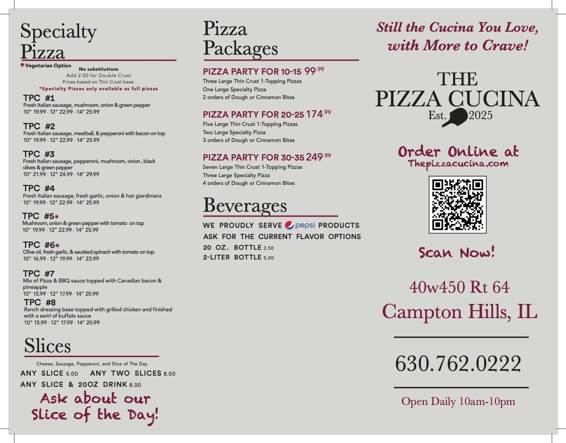 The Pizza Cucina Menu