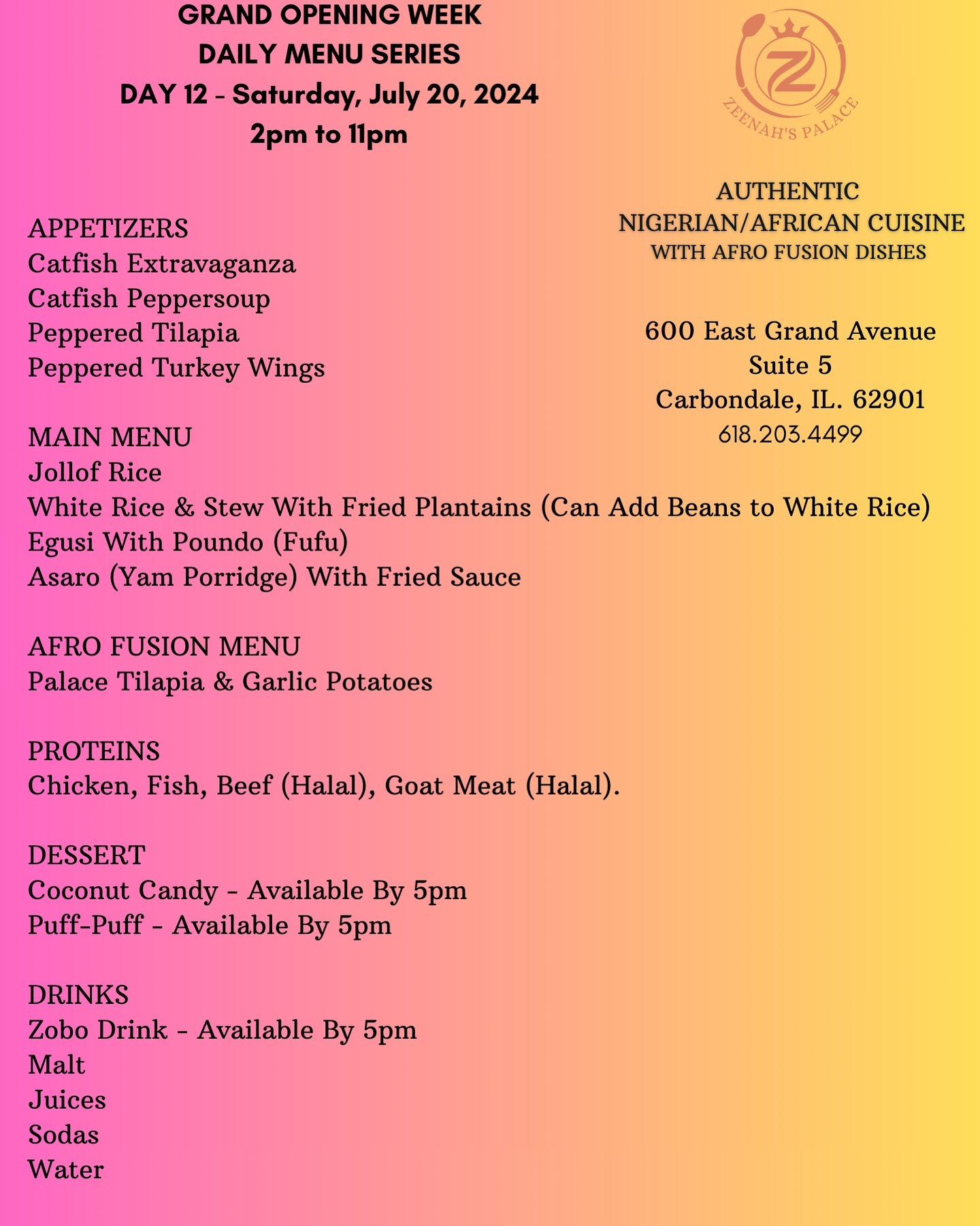 Zeenah’s Palace Menu