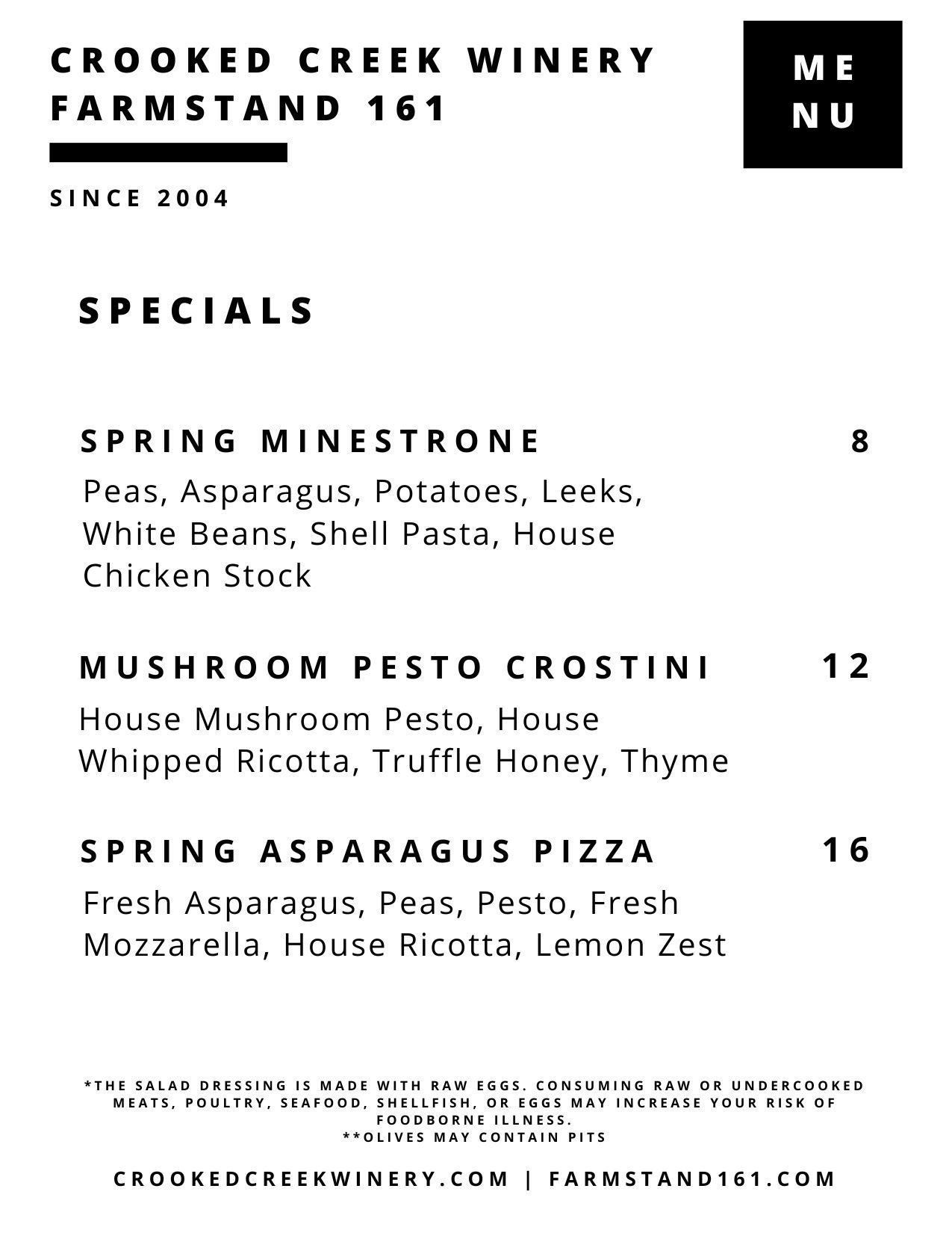 Crooked Creek Winery | Farmstand 161 Menu