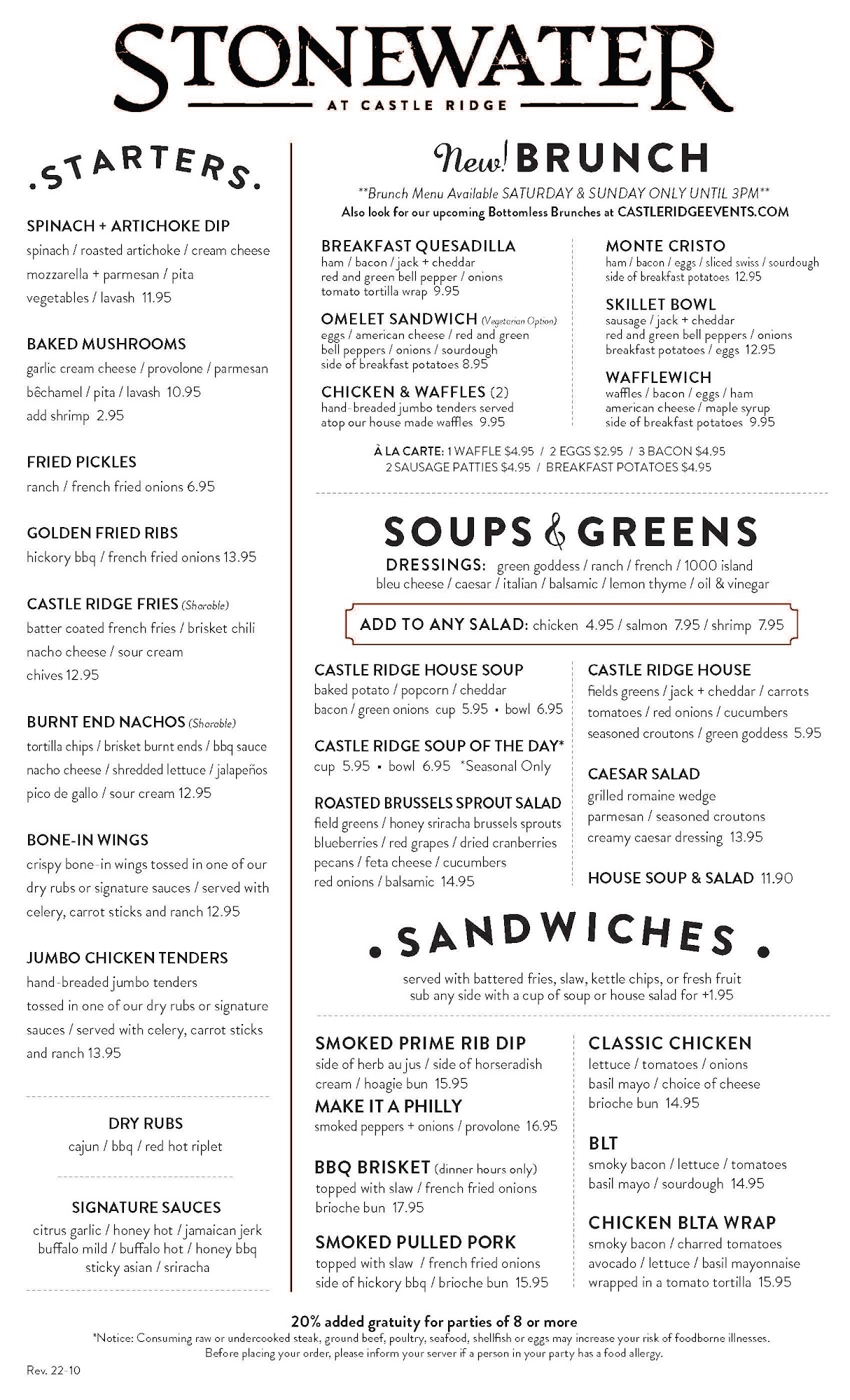 Stonewater Restaurant at Castle Ridge Menu